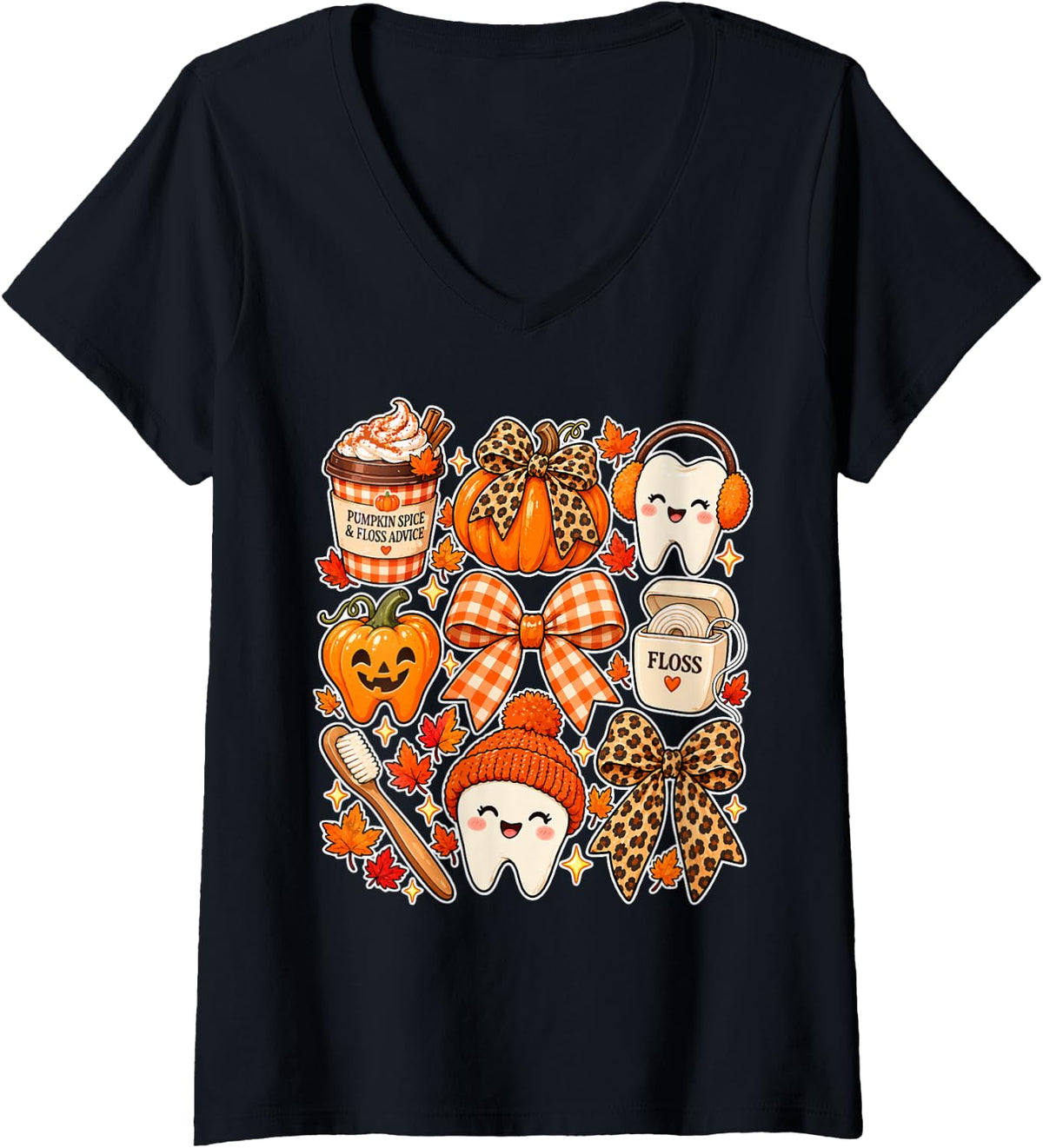 Women's Fall Dentist Halloween Tooth Pumpkin Bow Dental Hygienist V-Neck T-Shirt - Black