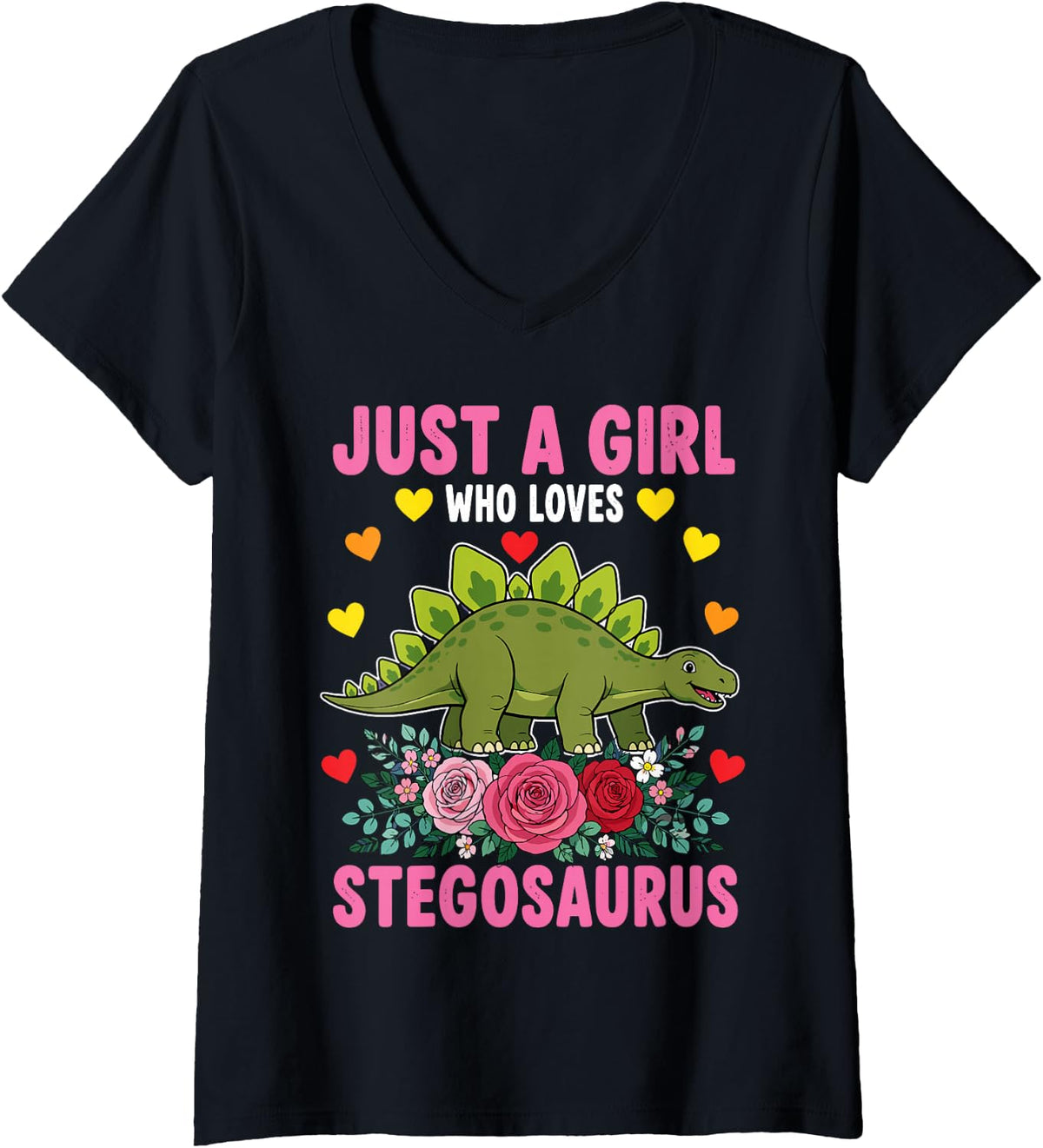 Women's Stegosaurus Art for Girls Kids Women Paleontologist Dinosaur V-Neck T-Shirt - Black
