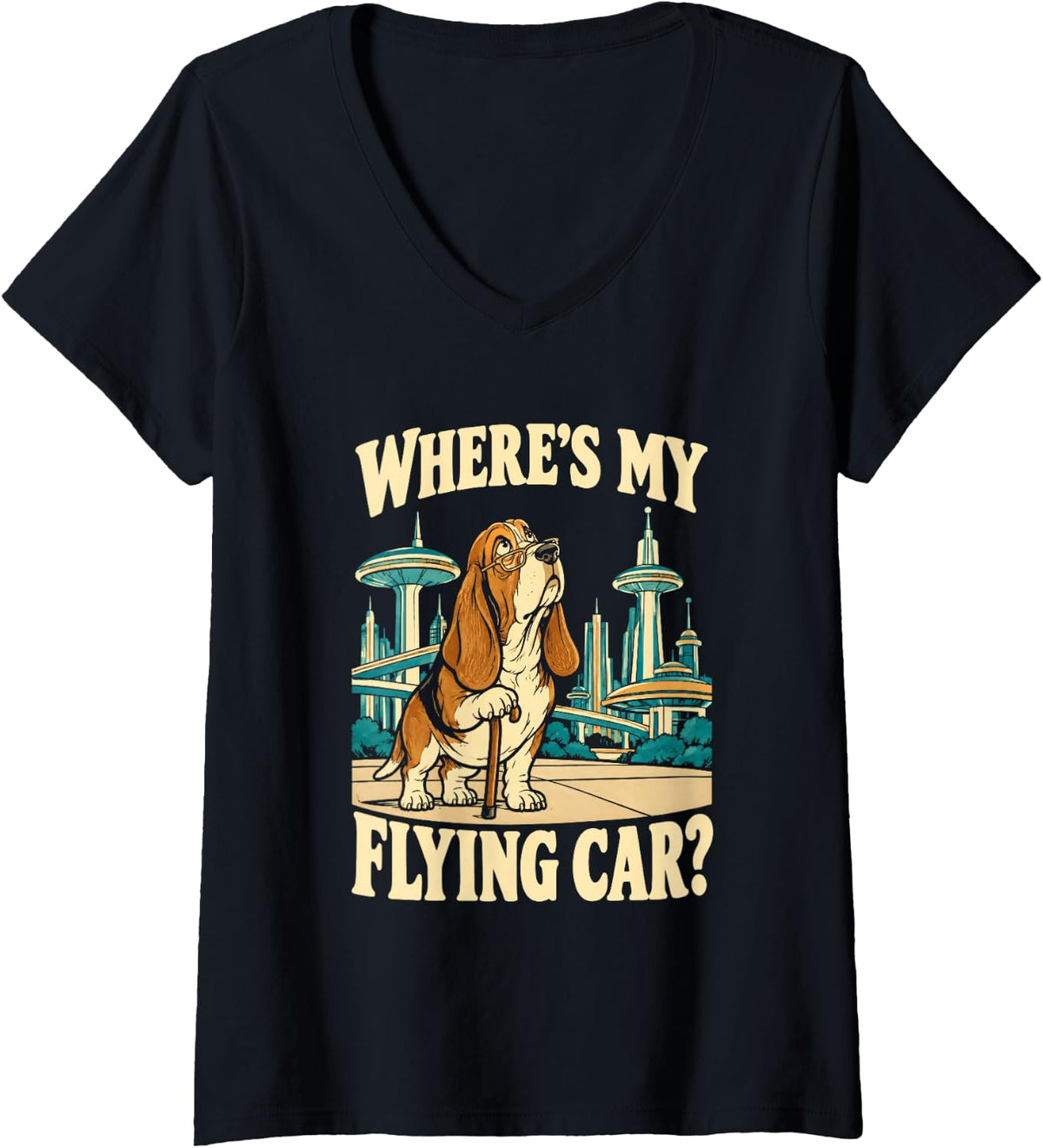 Women's Basset Hound Where's My Flying car Retro Dog Owner V-Neck T-Shirt - Black
