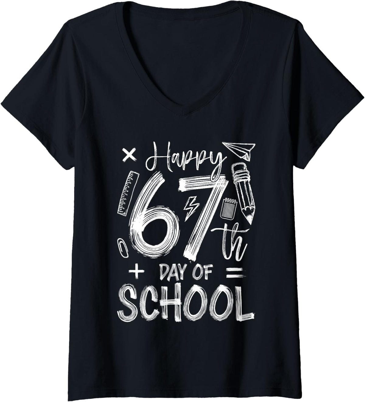 Women's Happy 67th Day of School Funny 67 Days Smarter Teacher Kids V-Neck T-Shirt - Black