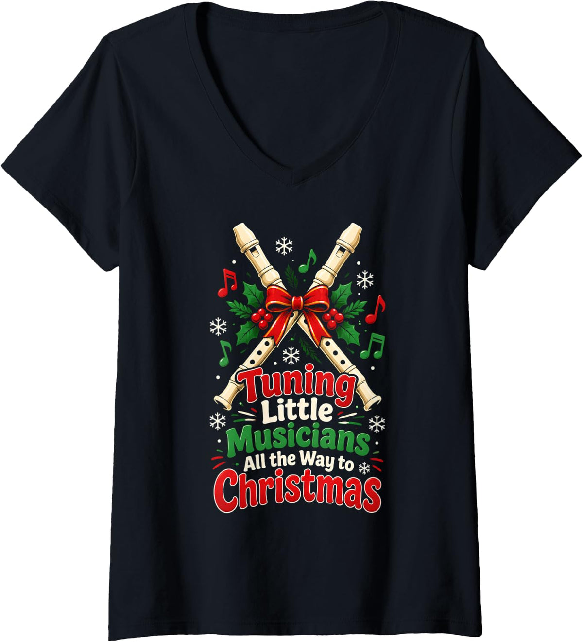 Women's Tuning Little Musicians Music Teacher Christmas Recorder V-Neck T-Shirt - Black
