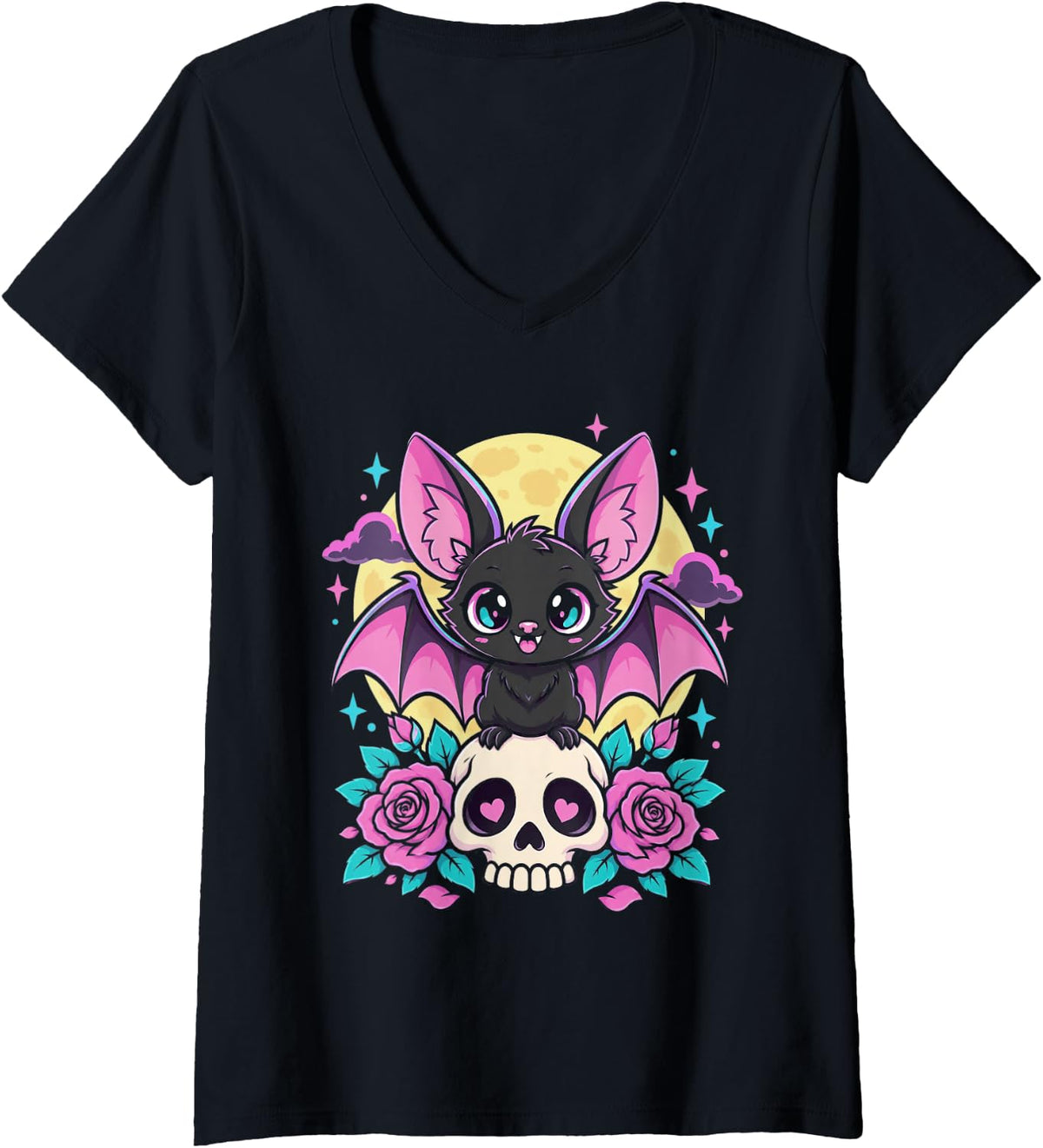 Women's Pastel Goth Kawaii Cute Witch Bat Skull Aesthetic V-Neck T-Shirt - Black