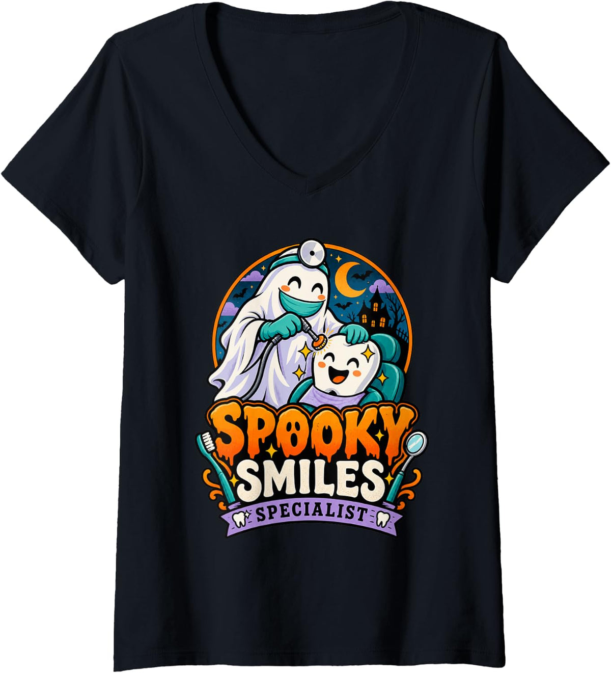 Women's Spooky Smiles Specialist Halloween Dental V-Neck T-Shirt - Black