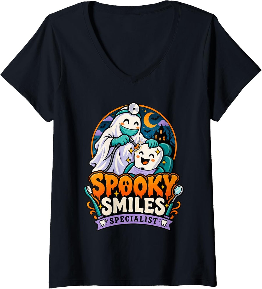 Women's Spooky Smiles Specialist Halloween Dental V-Neck T-Shirt - Black
