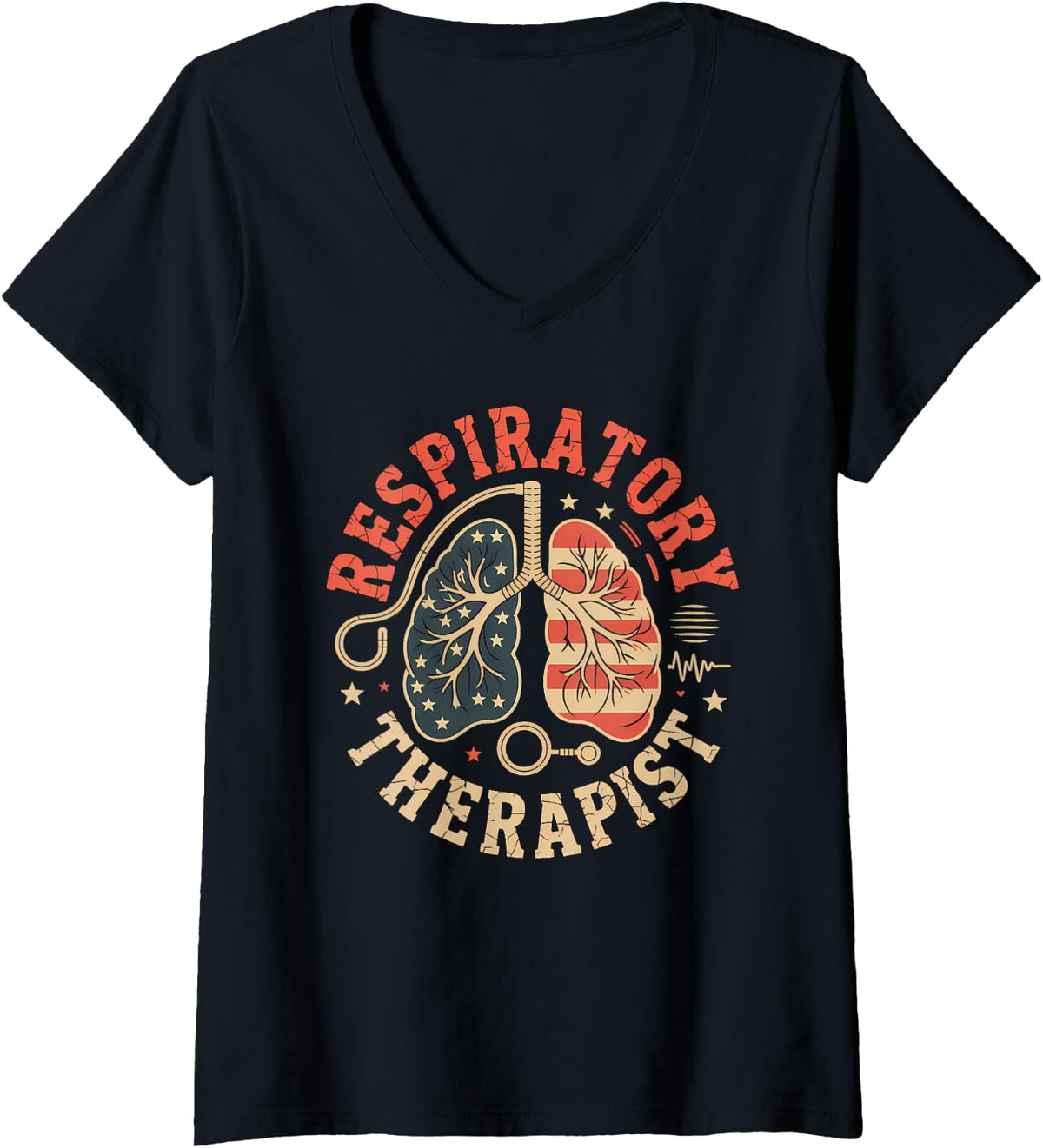 Women's Patriotic Respiratory Therapist Lungs Medical Professional V-Neck T-Shirt - Black