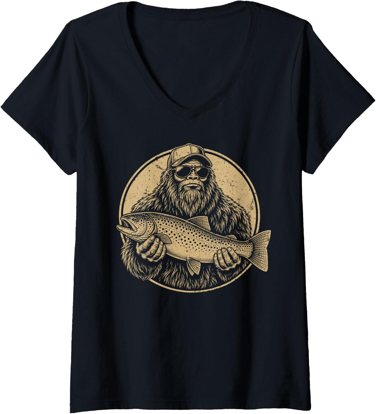 Women's Bigfoot Trout Fishing Fisherman Angler Sasquatch Mountain V-Neck T-Shirt - Black