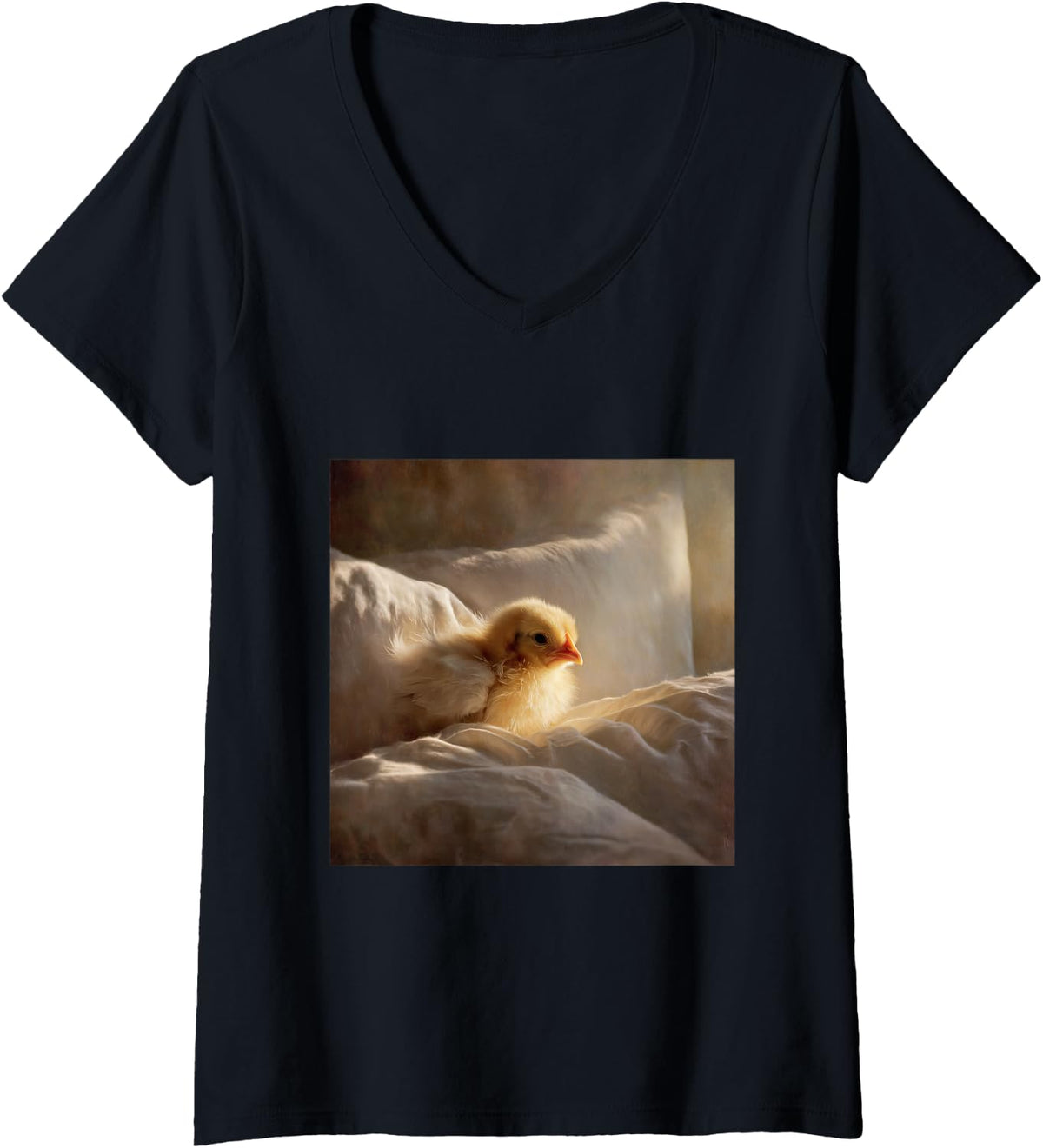 Women's Cute Little Yellow Animal Life V-Neck T-Shirt - Black