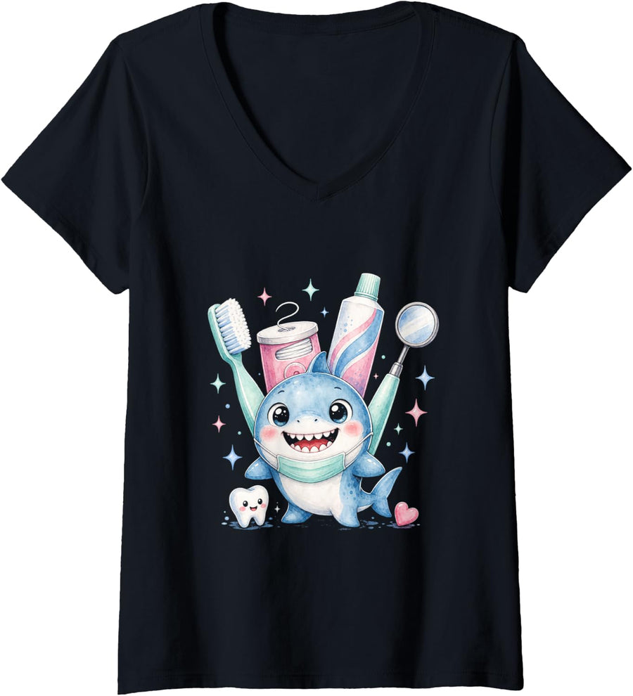 Women's Shark Dental Hygiene Dentist Hygienist Ocean Lover V-Neck T-Shirt - Black