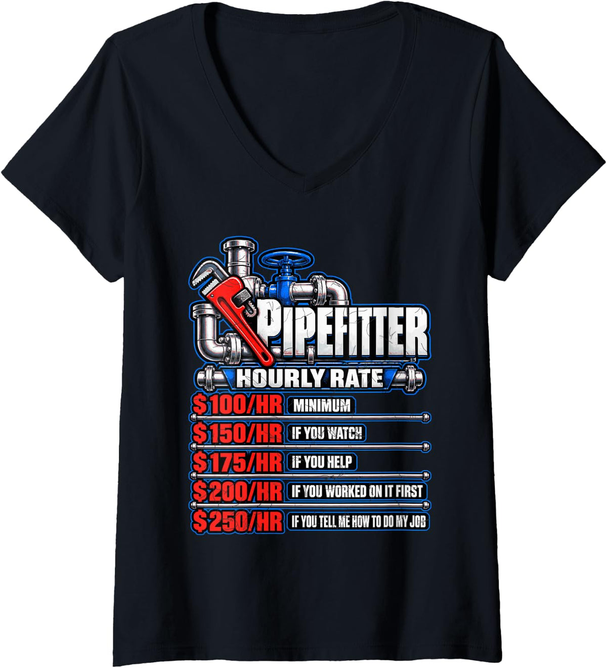 Women's Pipefitter Hourly Rates V-Neck T-Shirt - Black