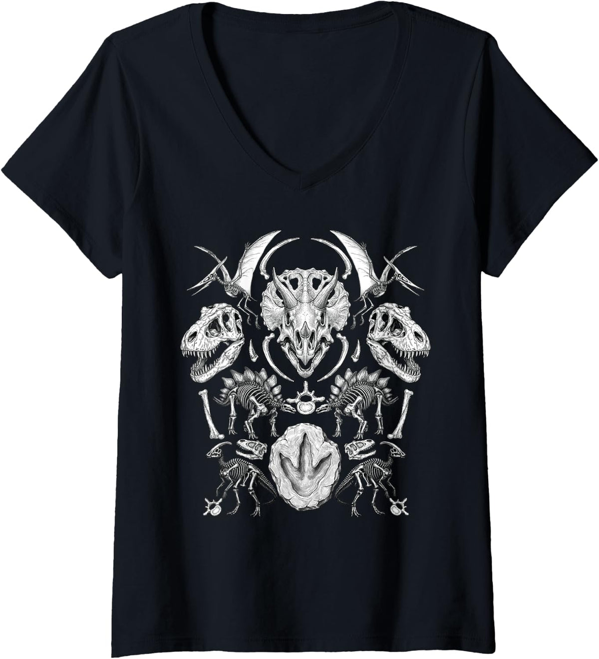 Women's Dinousar Skeleton Fossil Art Paleontology Prehistoric Dino V-Neck T-Shirt - Black