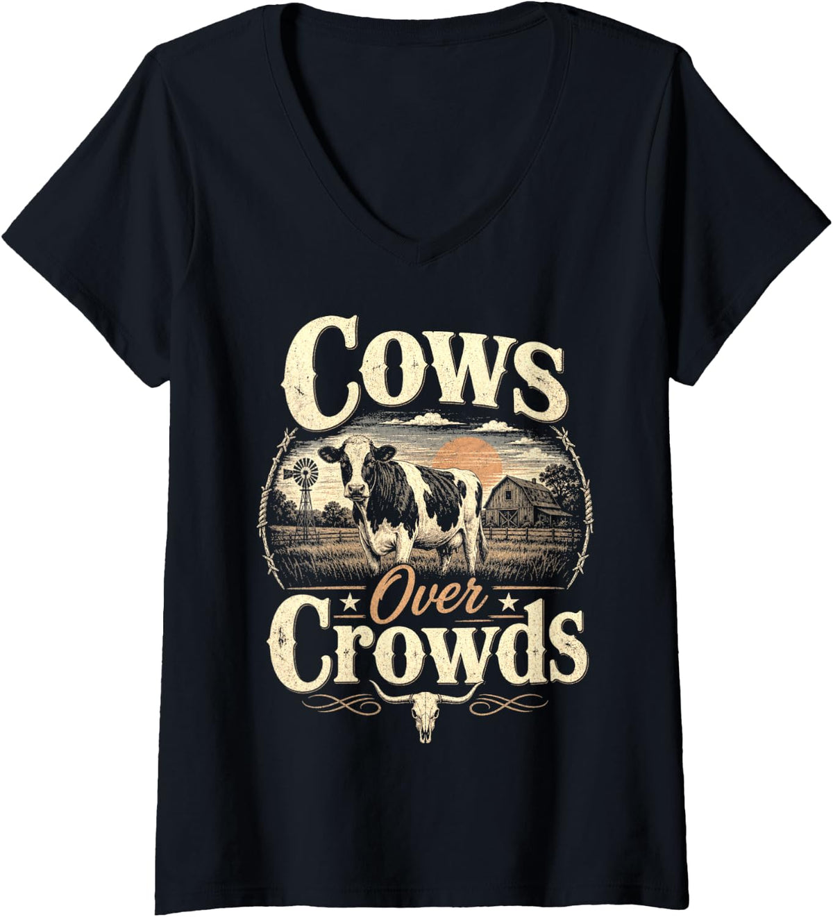 Women's Cows Over Crowds Cow Lover Vintage Farm Life Graphic V-Neck T-Shirt - Black