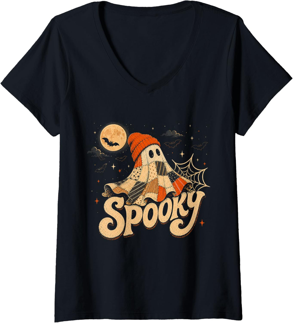 Women's Cute Spooky Patchwork Ghost Halloween Beanie with Moon V-Neck T-Shirt - Black