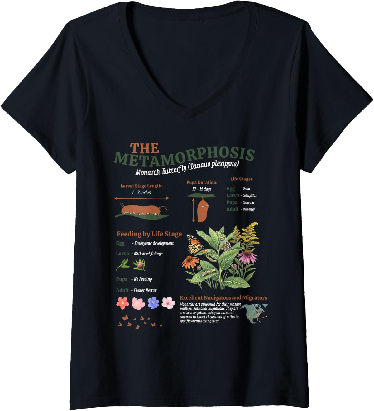 Women's Vintage Monarch Butterfly Metamorphosis Entomology Biology V-Neck T-Shirt - Black