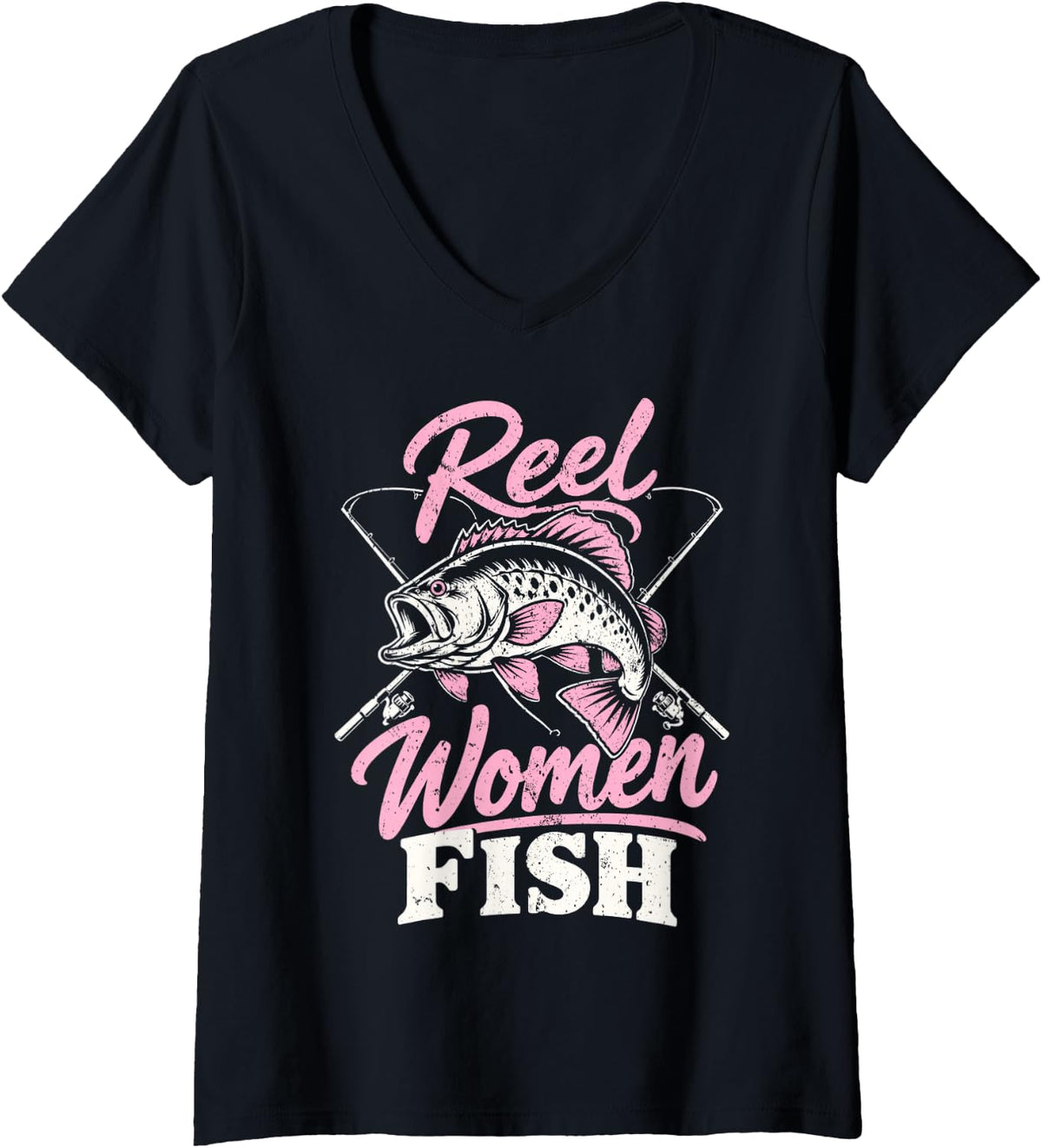 Women's Reel Women Fish Funny Fisherwoman Fishing Angler Bass Fish V-Neck T-Shirt - Black