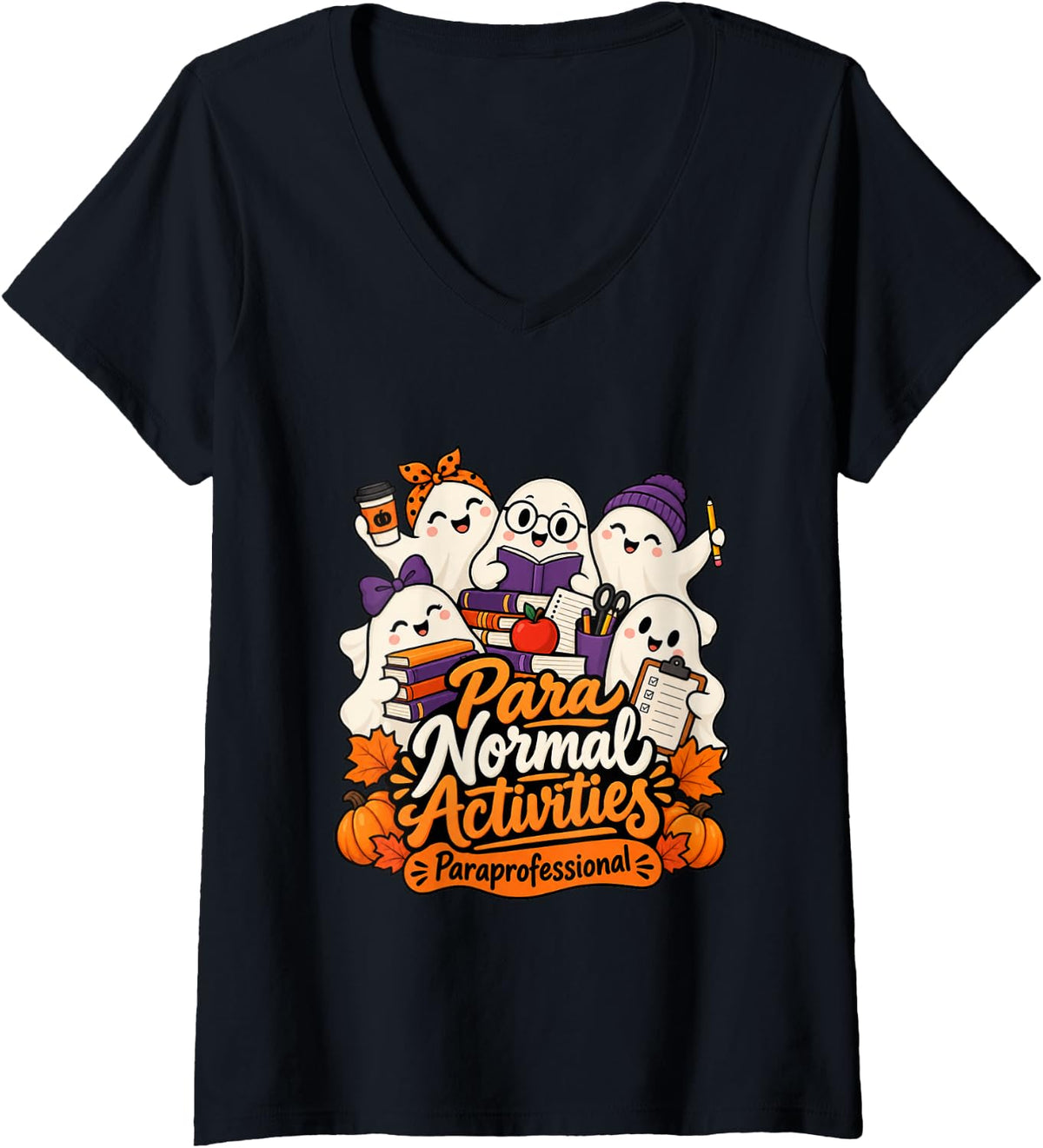 Women's para Normal Activities Paraprofessional Ghost Squad V-Neck T-Shirt - Black