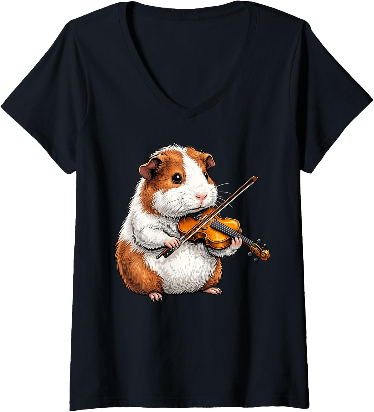 Women's Cute Guinea Pig Playing Violin Funny Violinist Music Lover V-Neck T-Shirt - Black