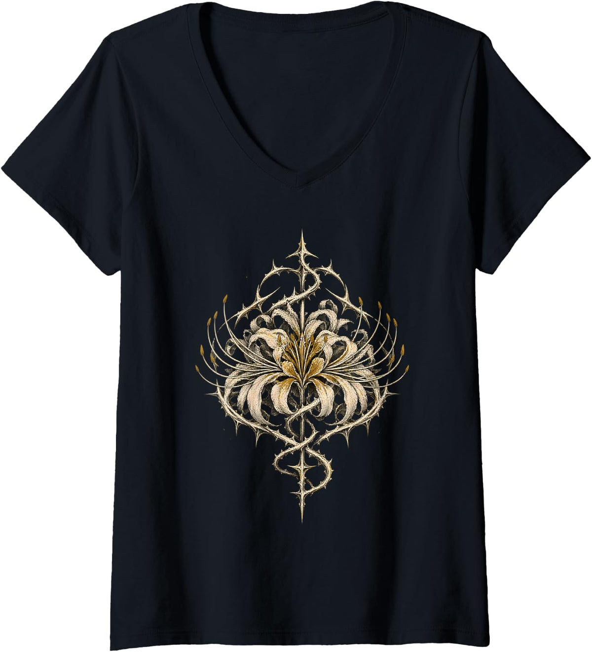 Women's Cyber Goth Clothing Spider Lily Sigil Grunge Alt V-Neck T-Shirt - Black