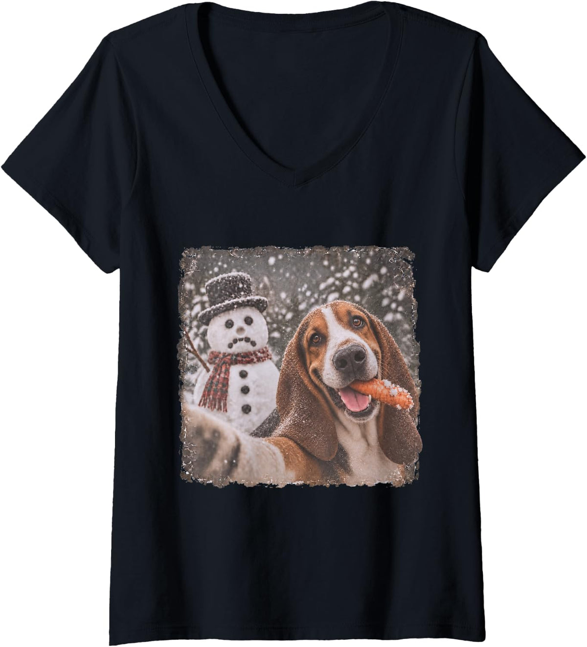 Women's Basset Hound Christmas Selfie Stole the Snowman’s Nose V-Neck T-Shirt - Black