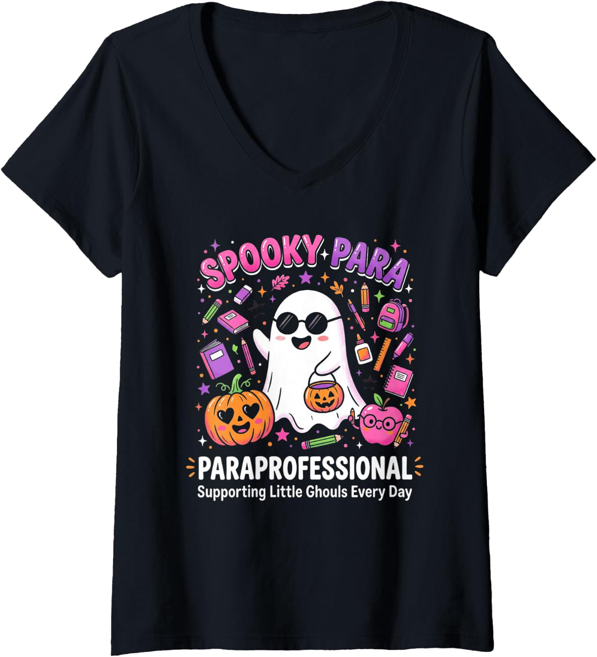 Women's Spooky para Paraprofessional School Support V-Neck T-Shirt - Black