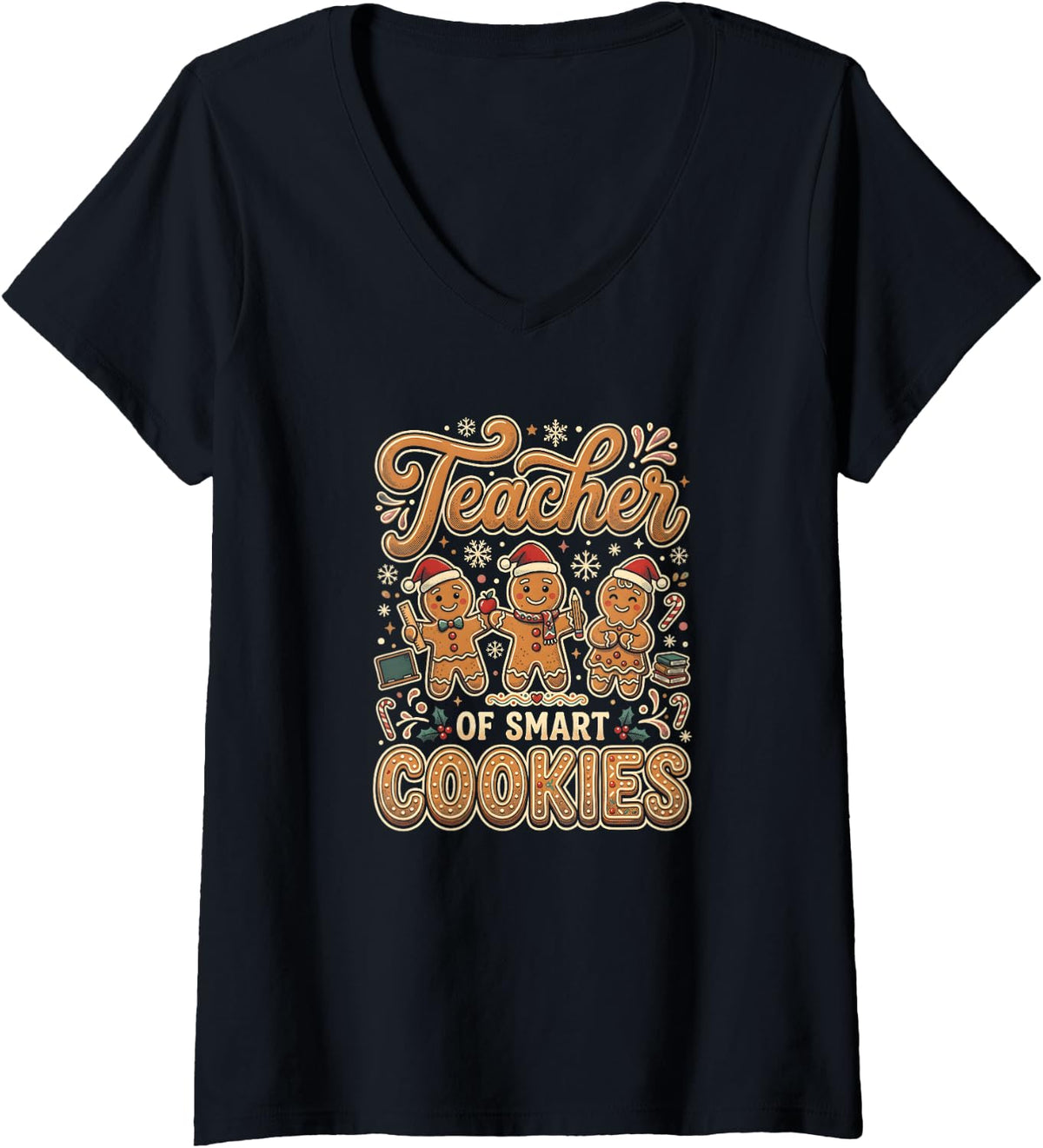 Women's Teacher of Smart Cookies Funny Teacher Christmas V-Neck T-Shirt - Black