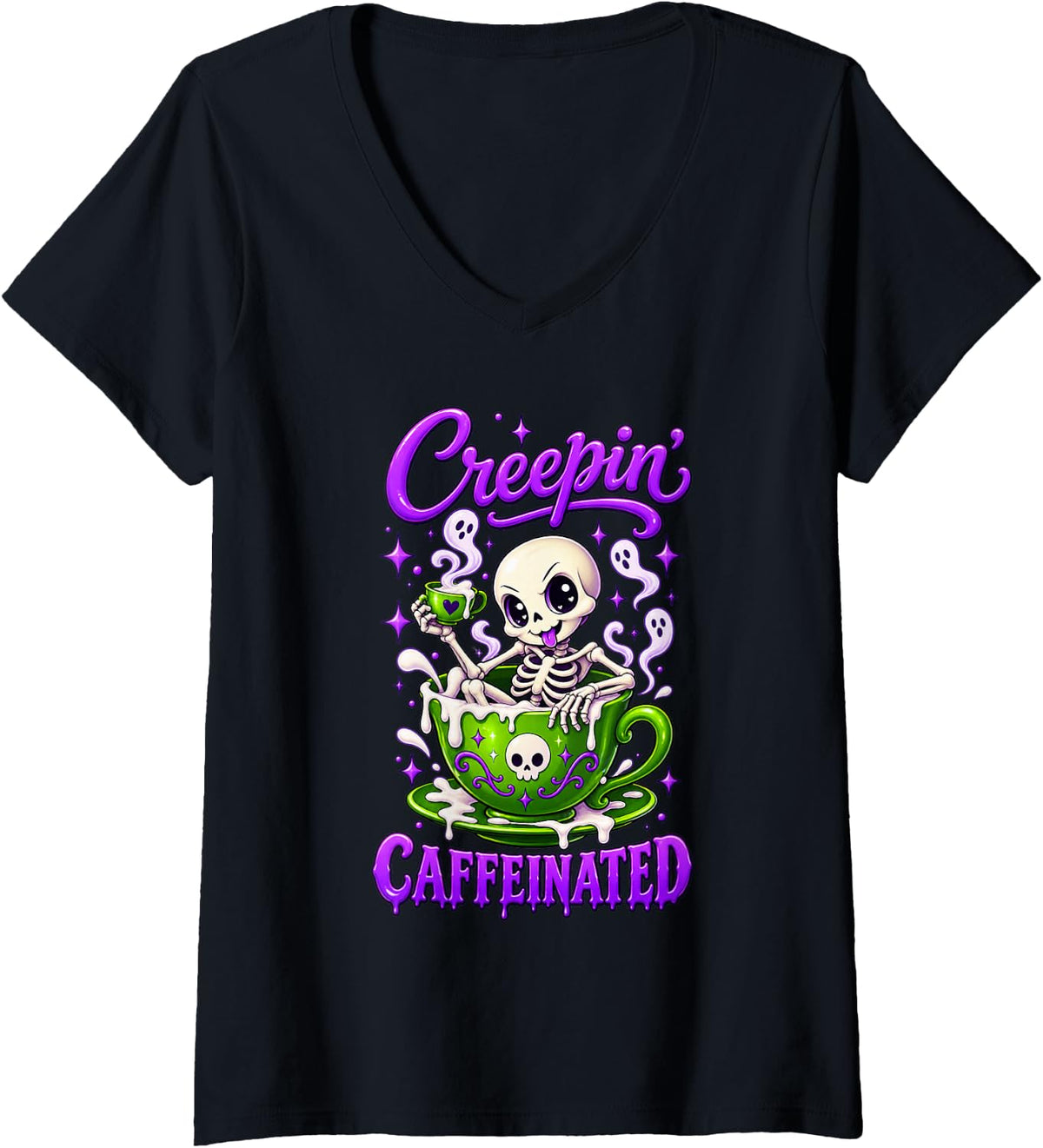 Women's Creepin Caffeinated Cute Skeleton Ghost Coffee Spooky Season V-Neck T-Shirt - Black