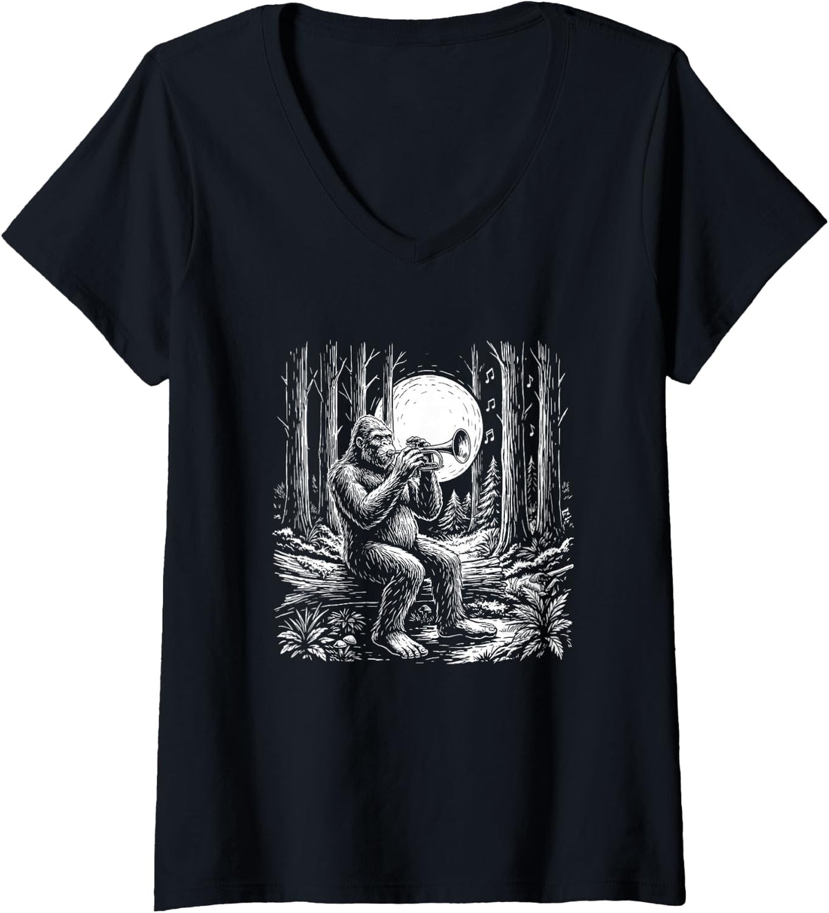 Women's Trumpet Player Sasquatch Big Band Horn Section Bigfoot Humor V-Neck T-Shirt - Black