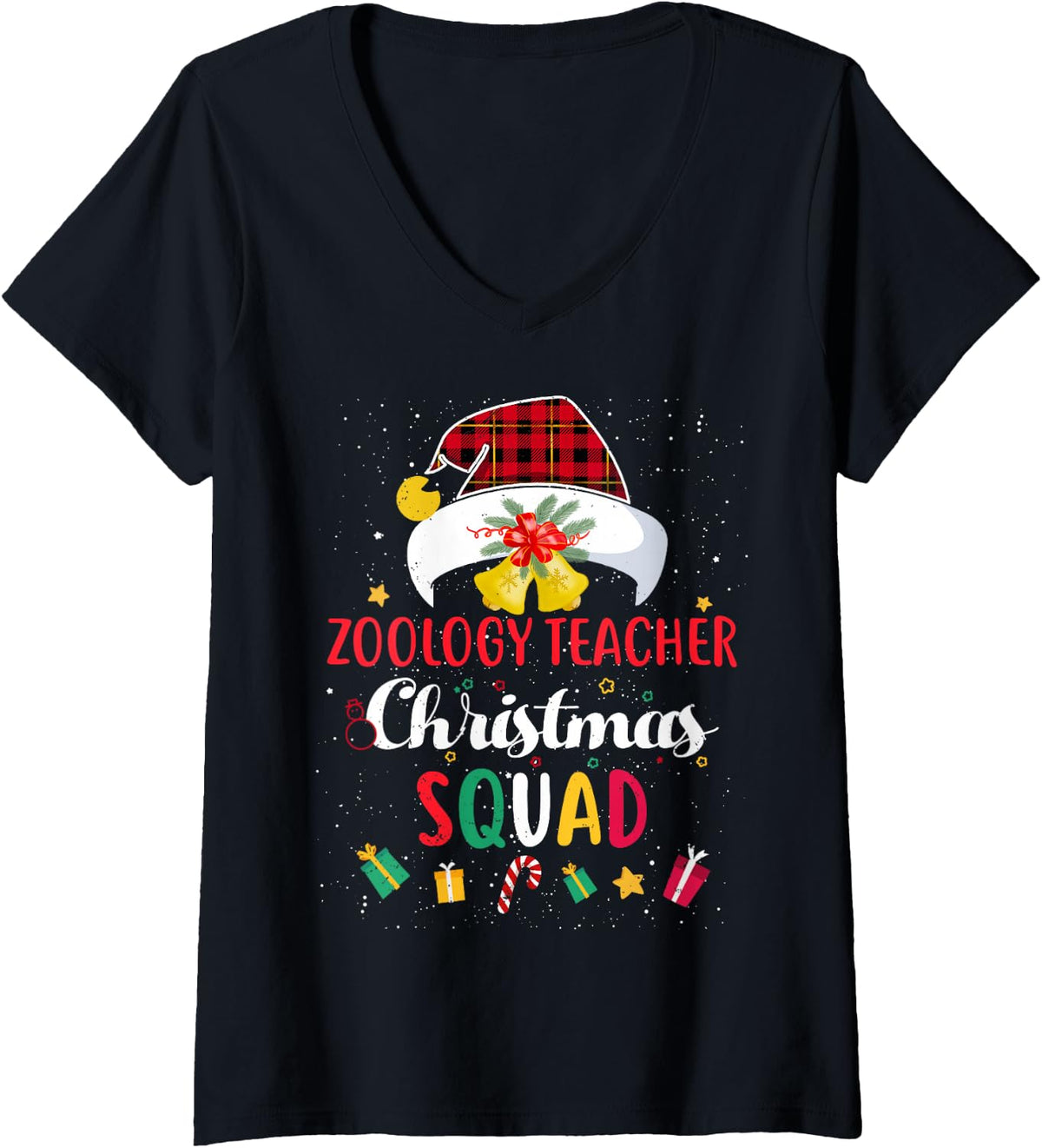Women's Zoology Teacher Christmas Squad Santa Hat Match V-Neck T-Shirt - Black