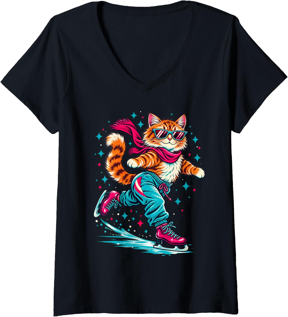 Women's Funny Orange Tabby Cat Figure Skating Retro Ice Skater V-Neck T-Shirt - Black