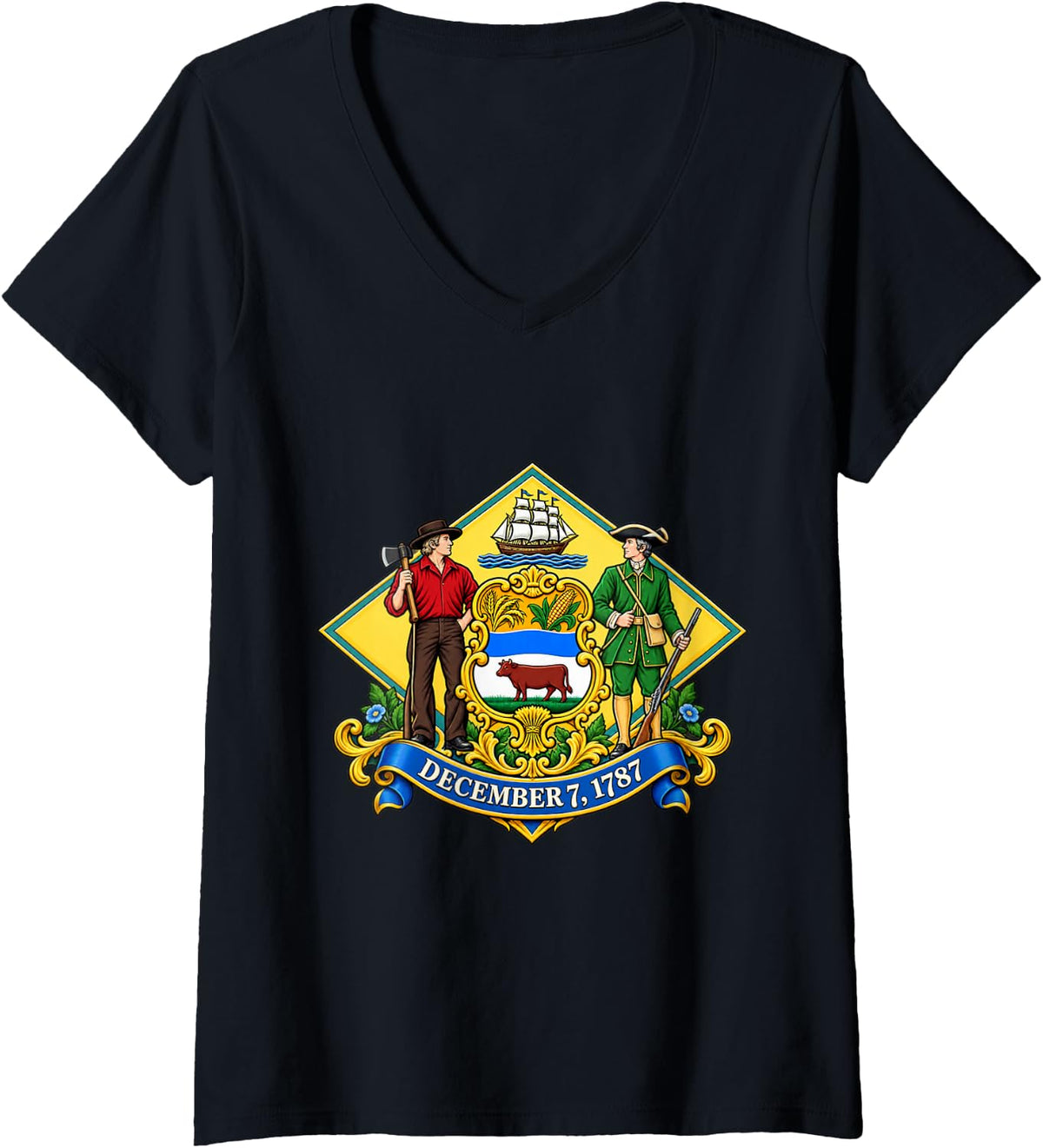 Women's Delaware December 7 1787 First State History Pride V-Neck T-Shirt - Black