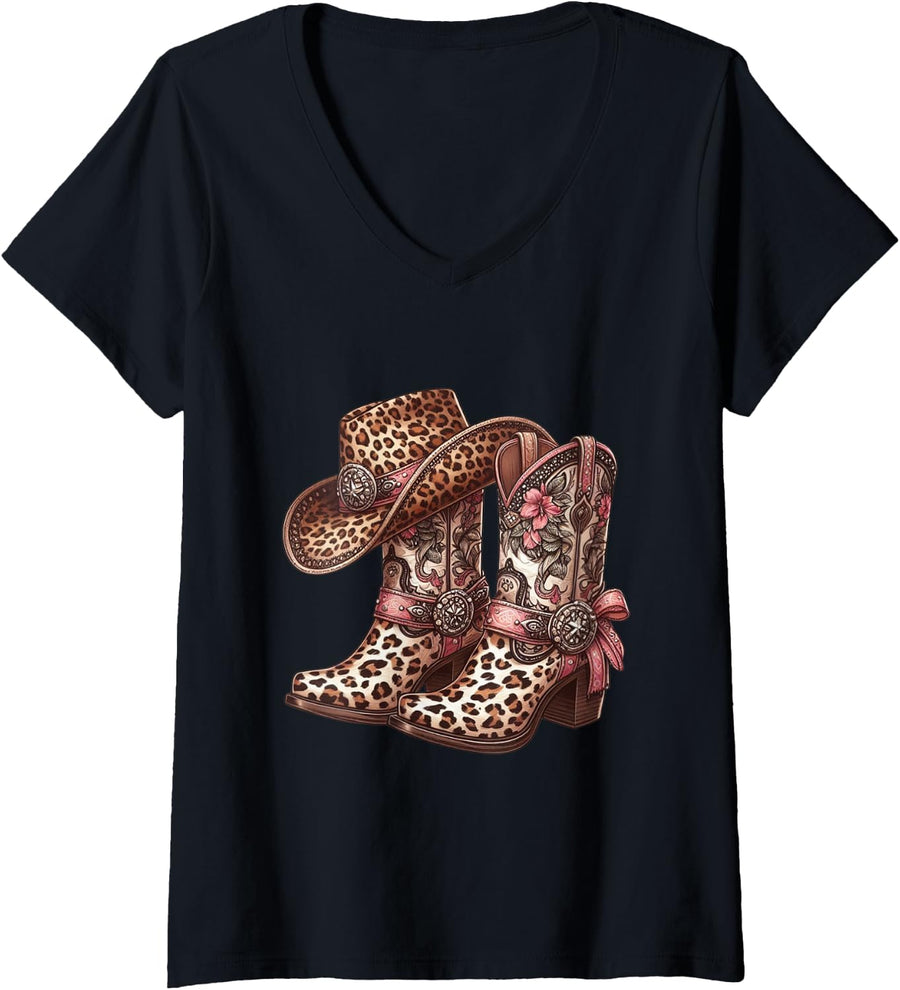 Women's Line Dance Black Cowgirl Boots On Ground Western V-Neck T-Shirt - Black