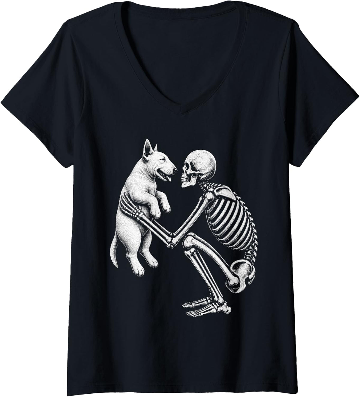 Women's Skeleton Holding Bull Terrier Retro Halloween Dog V-Neck T-Shirt - Black