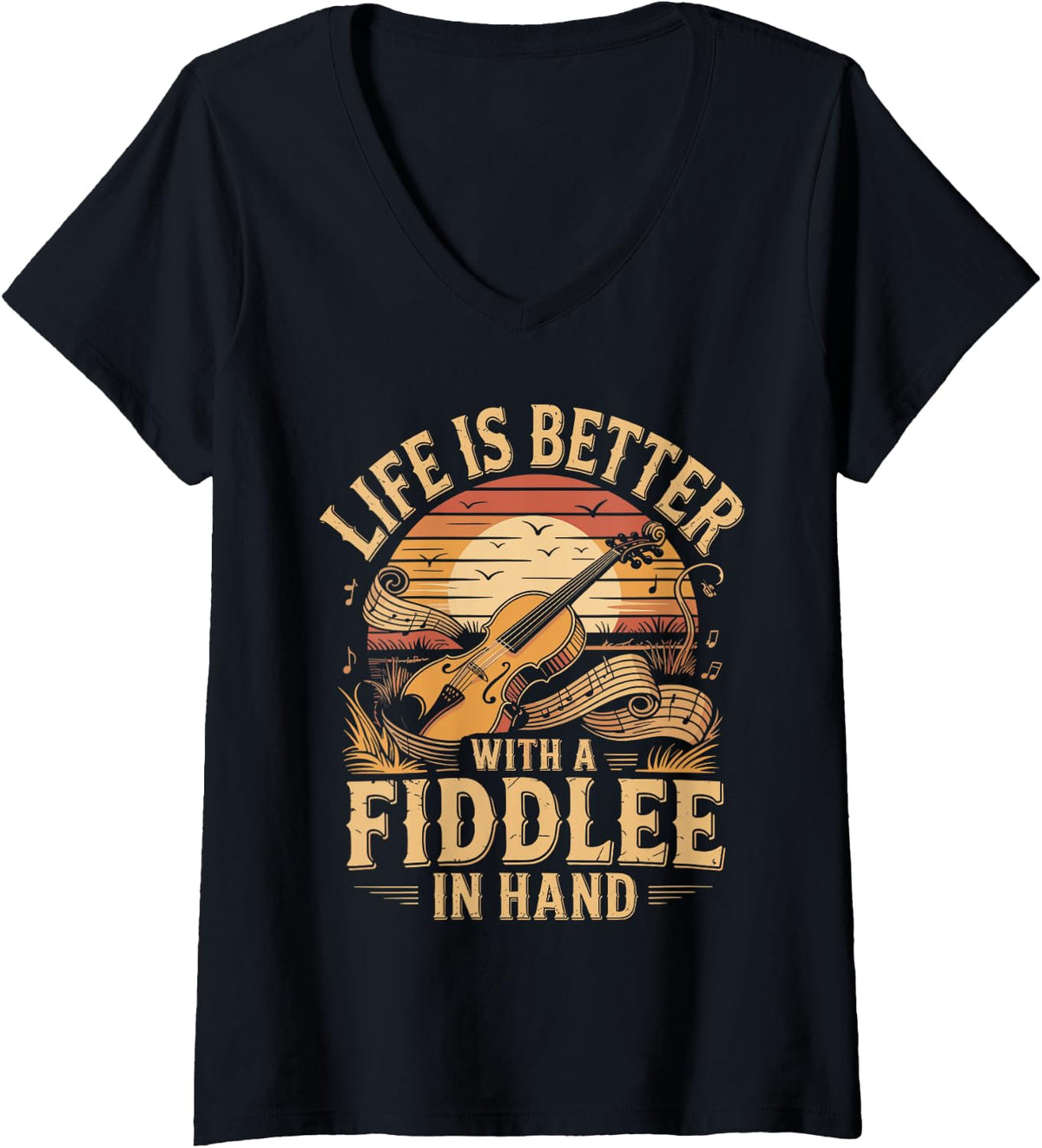 Women's Life is Better with A Fiddle in Hand Country Music V-Neck T-Shirt - Black