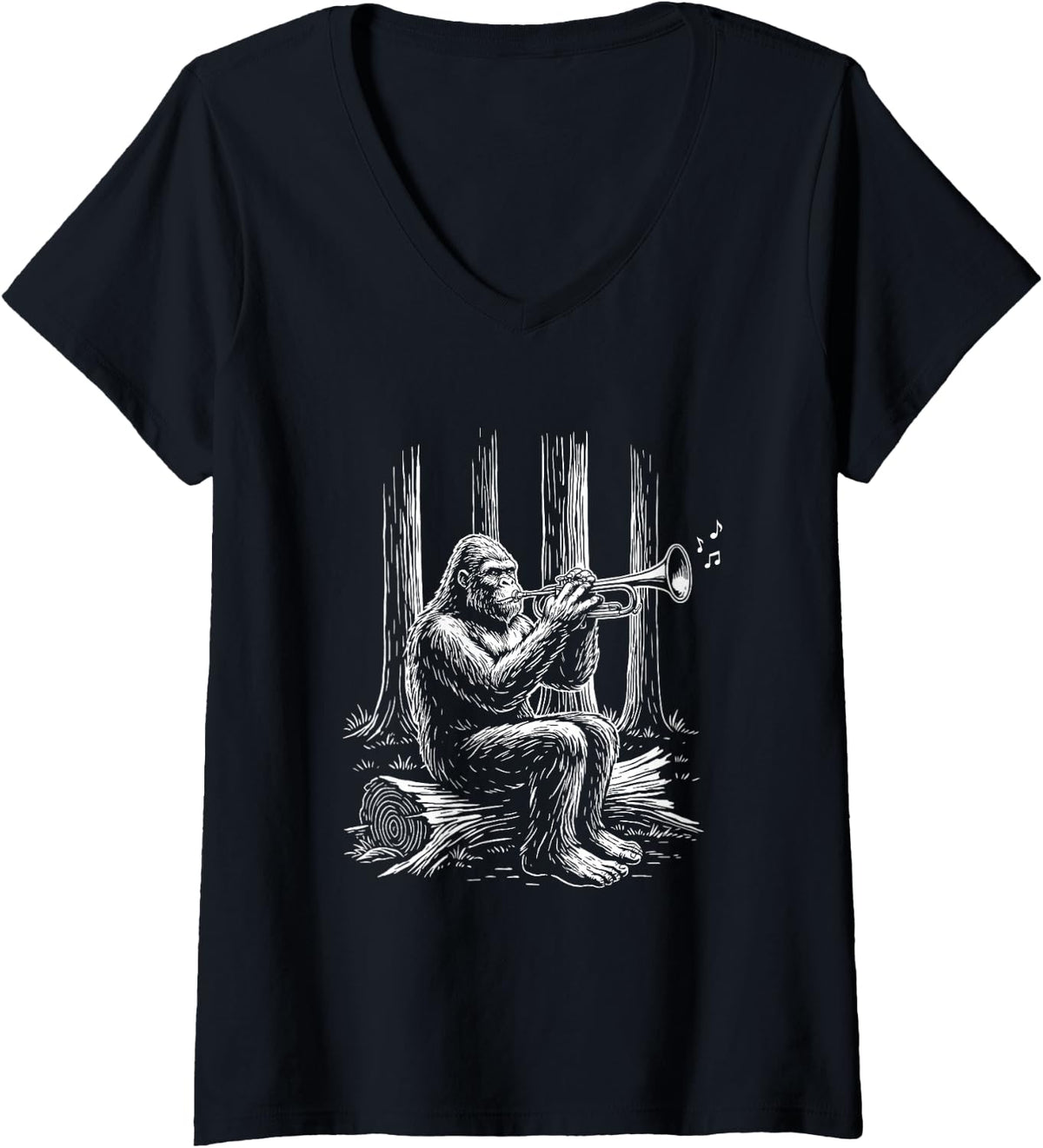 Women's Grooves Trumpet Bigfoot Sasquatch Trumpeter Marching Band V-Neck T-Shirt - Black