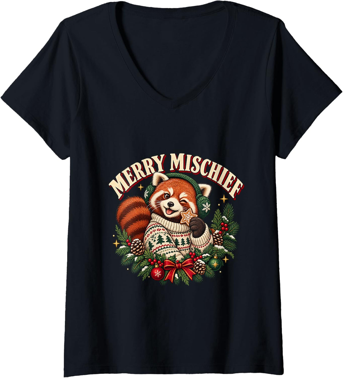 Women's Merry Mischief Red Panda Santa Claus Merry Christmas V-Neck T-Shirt - Black