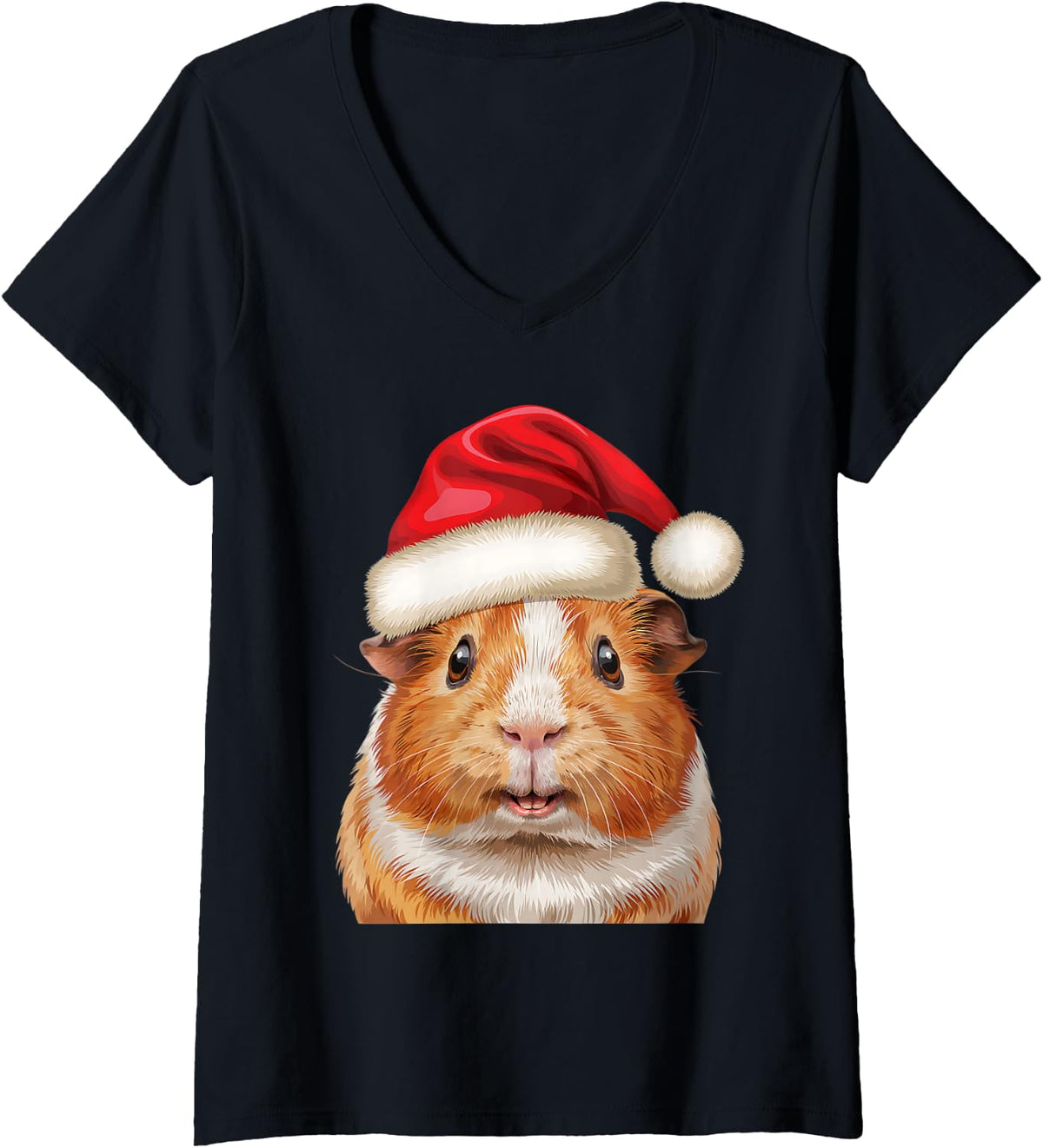 Women's Guinea Pig Santa Hat Christmas Animal Lover Men Women Kid V-Neck T-Shirt - Black