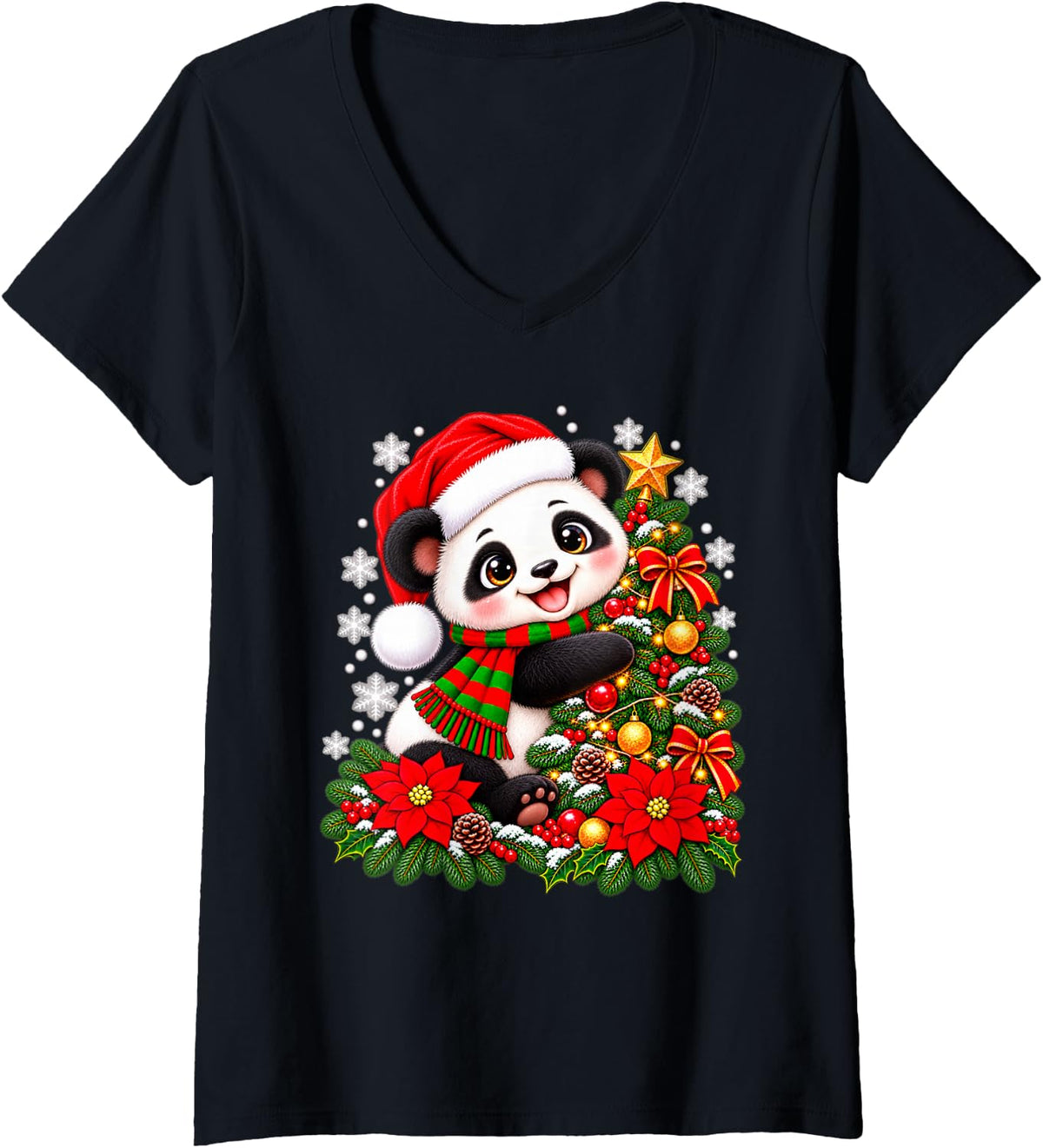 Women's Christmas Tree Panda Santa Hat Men Women Kids V-Neck T-Shirt - Black