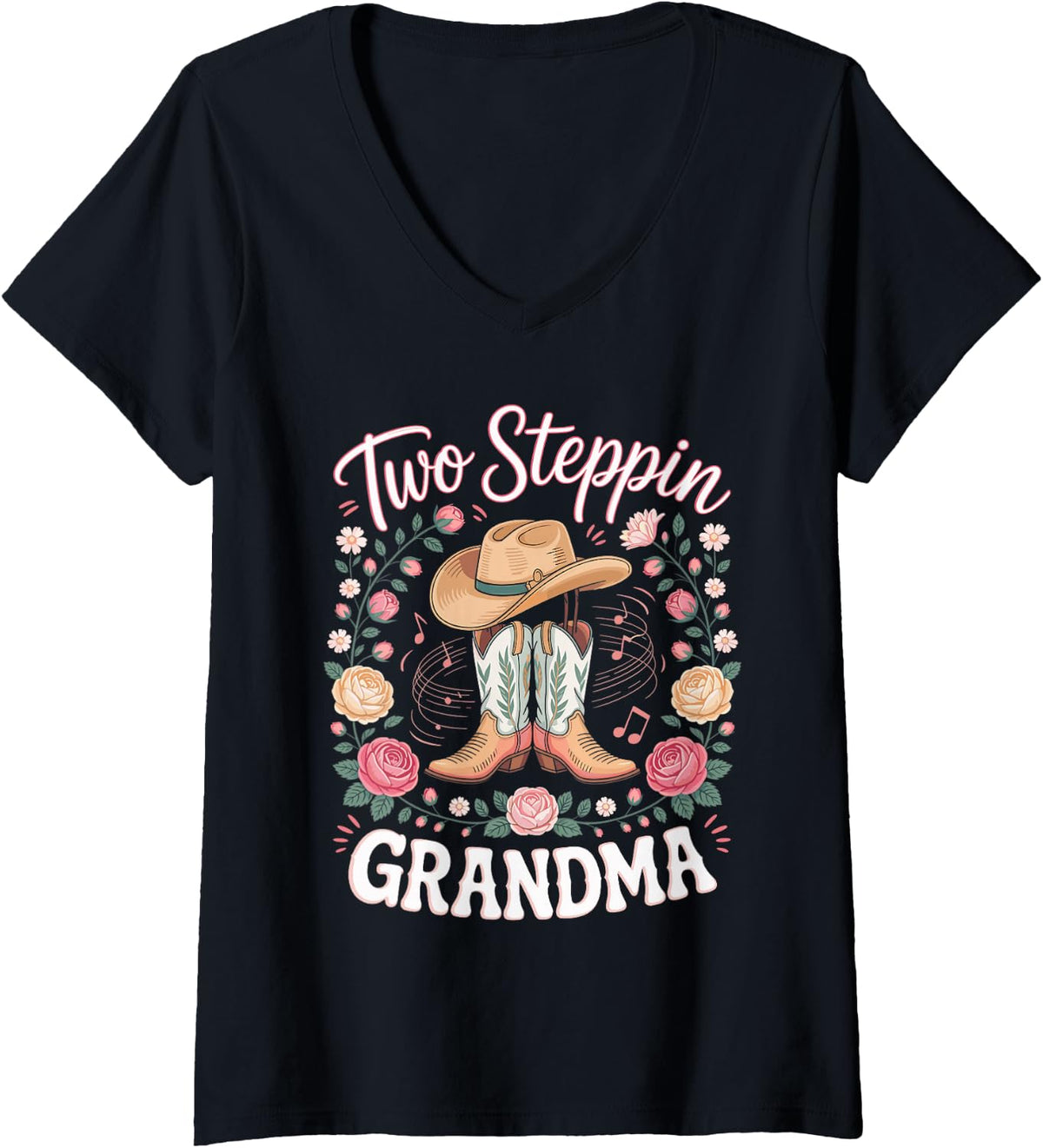 Women's Two Steppin Grandma Country Music Line Dancing V-Neck T-Shirt - Black