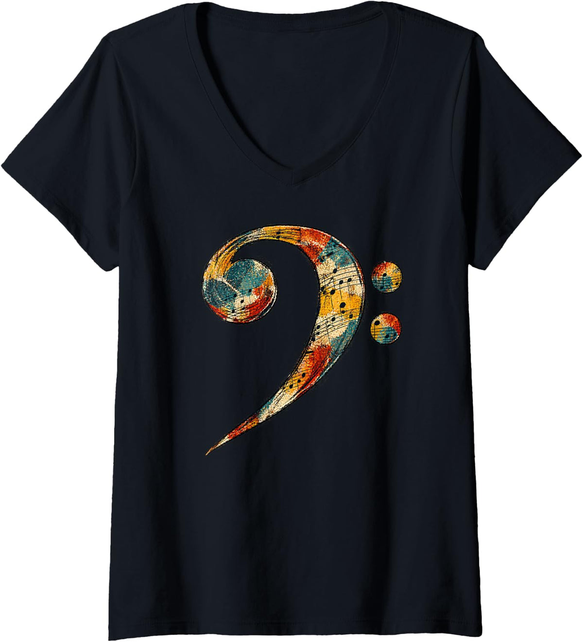 Women's Vintage Bass Clef Music Notes Musician Teacher Retro Art V-Neck T-Shirt - Black