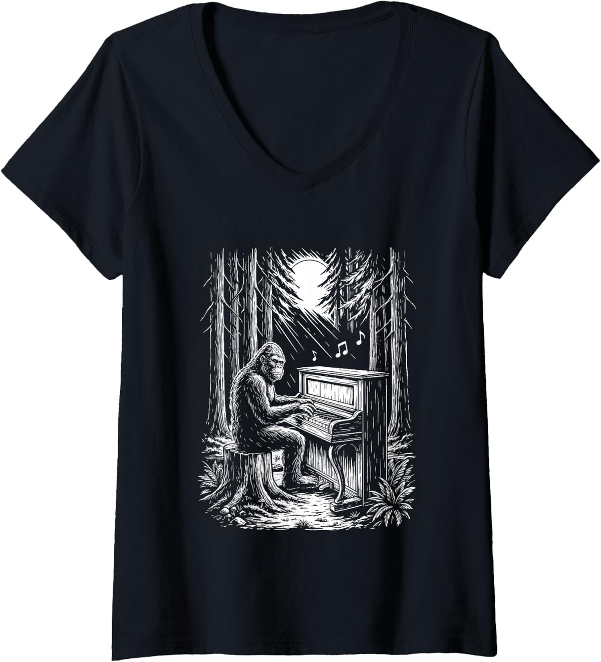 Women's Funny Bigfoot Piano Player Sasquatch Pianist Classical Music V-Neck T-Shirt - Black