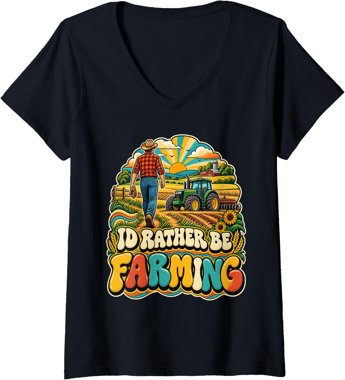 Women's I'd Rather Be Farming Funny Farmer Tractor Farm Life T-Shirt V-Neck T-Shirt - Black