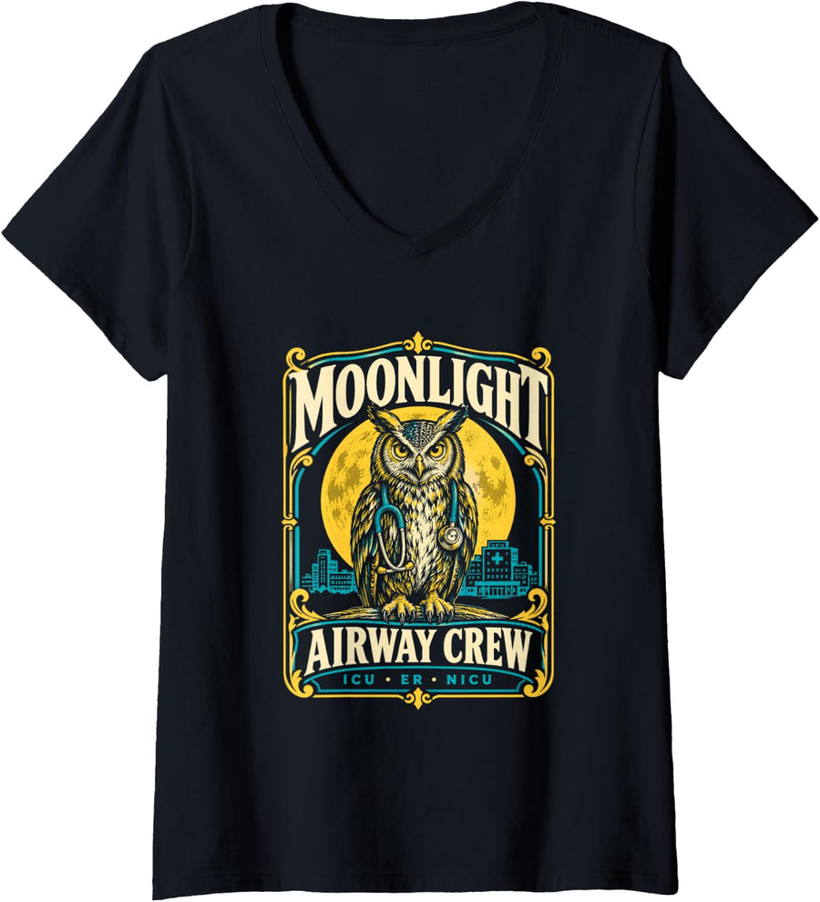 Women's Respiratory Therapist Airway ICU er nicu Night Shift V-Neck T-Shirt - Black