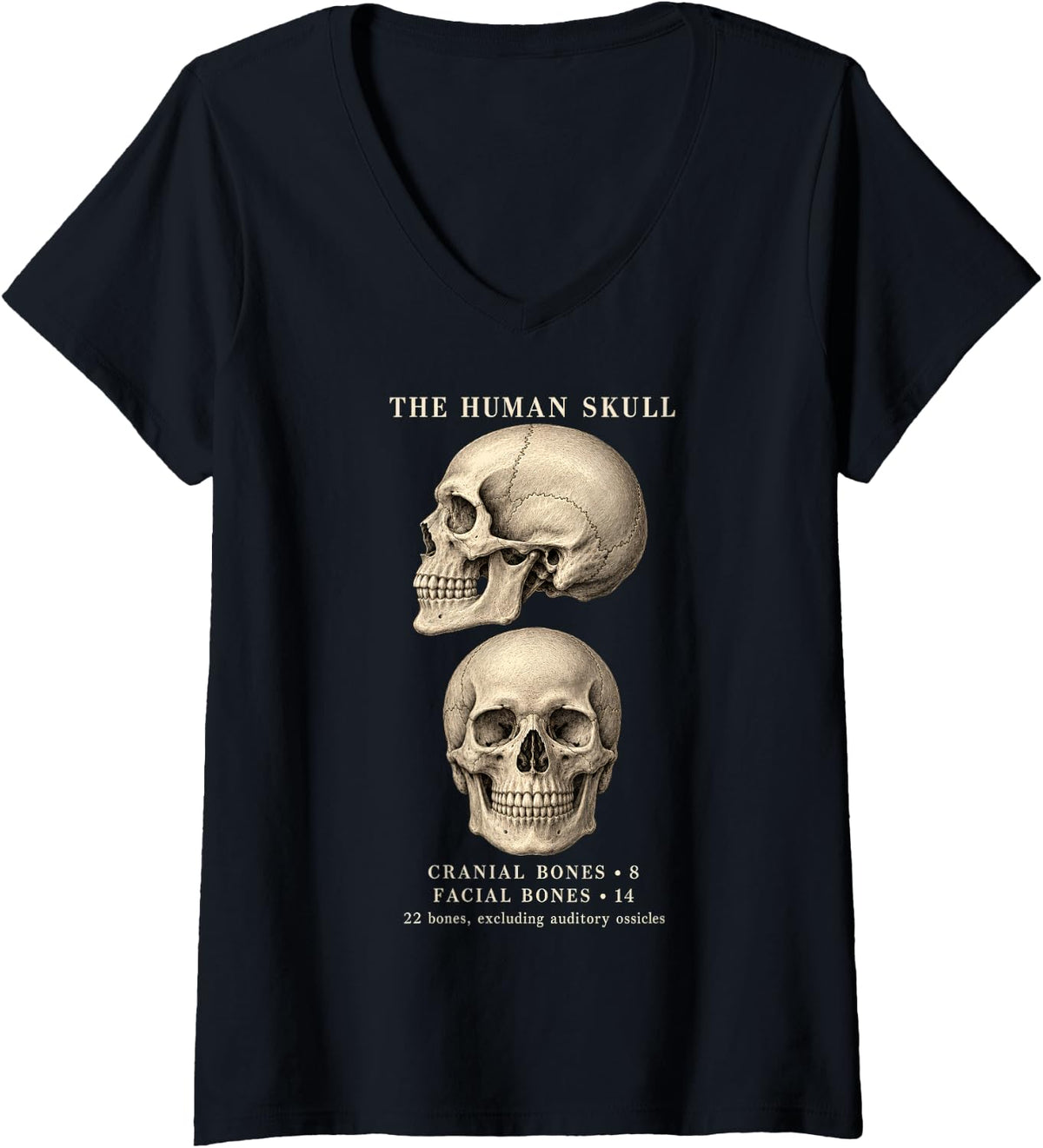 Women's The Human Skull Anatomy Cranial Facial Bones Medical Science V-Neck T-Shirt - Black