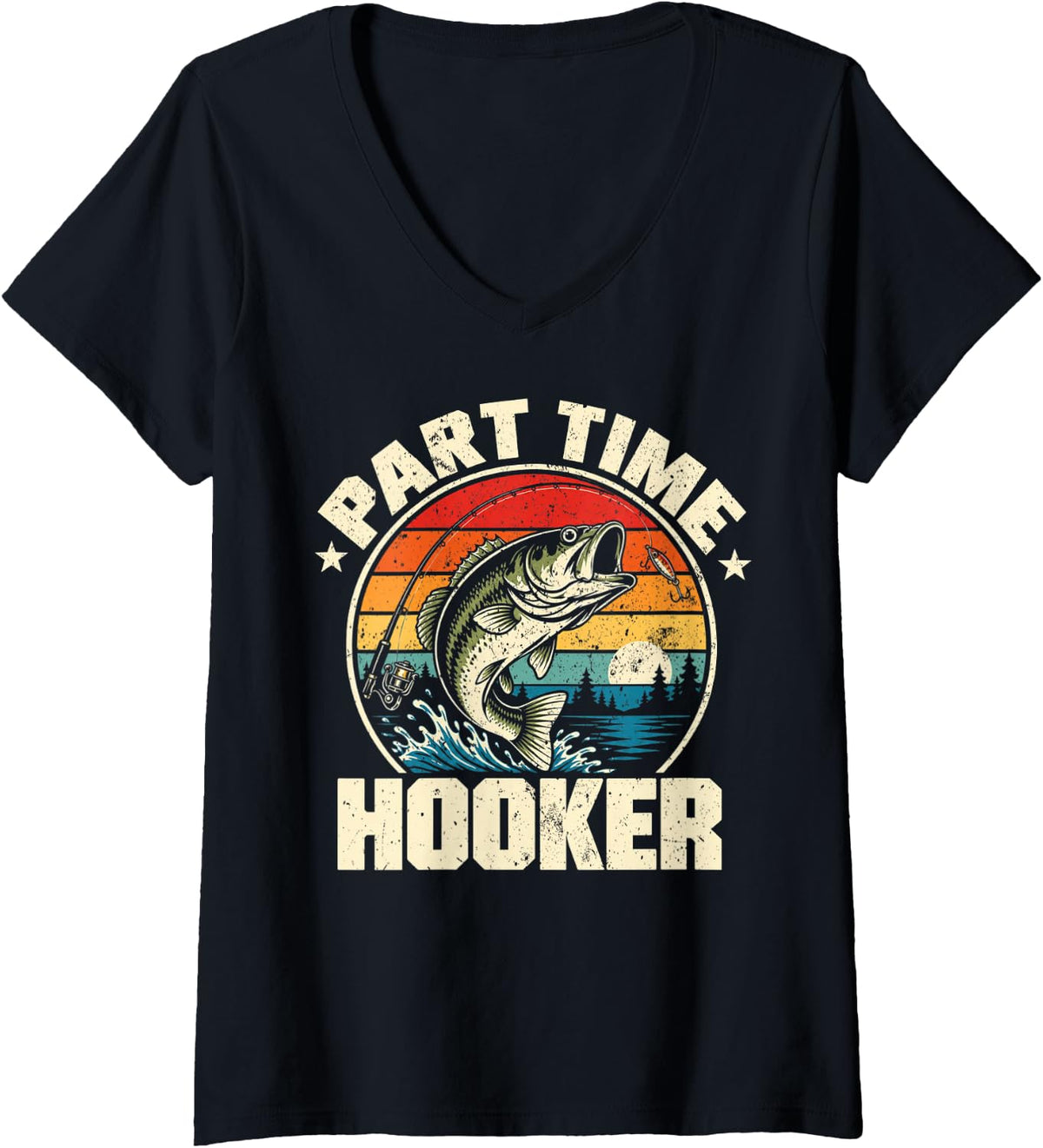 Women's Part Time Hooker Funny Fishing Retro Fisherman Angler V-Neck T-Shirt - Black