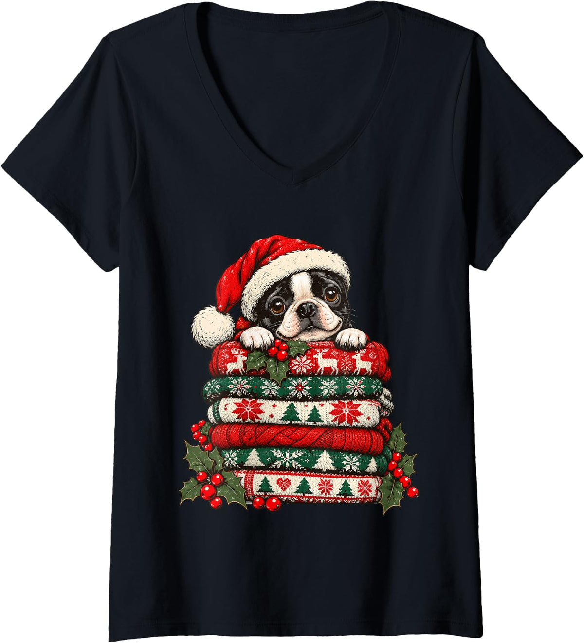 Women's Christmas Boston Terrier with Festive Sweaters Bostie Dog V-Neck T-Shirt - Black