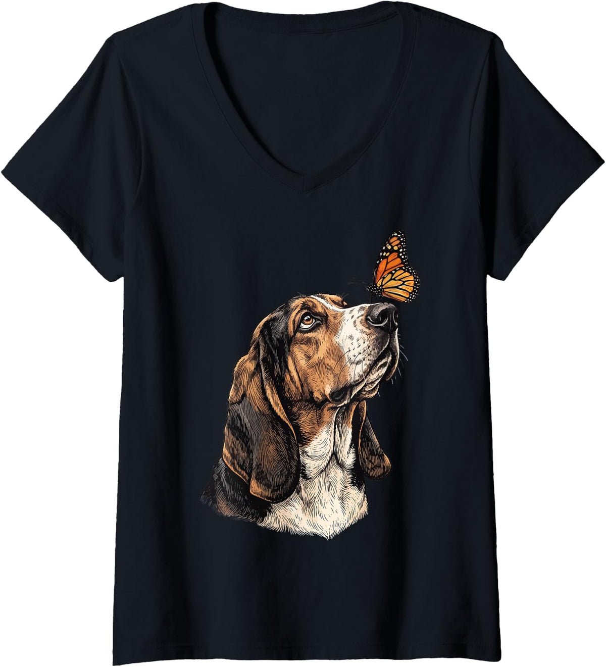Women's Basset Hound Butterfly V-Neck T-Shirt - Black