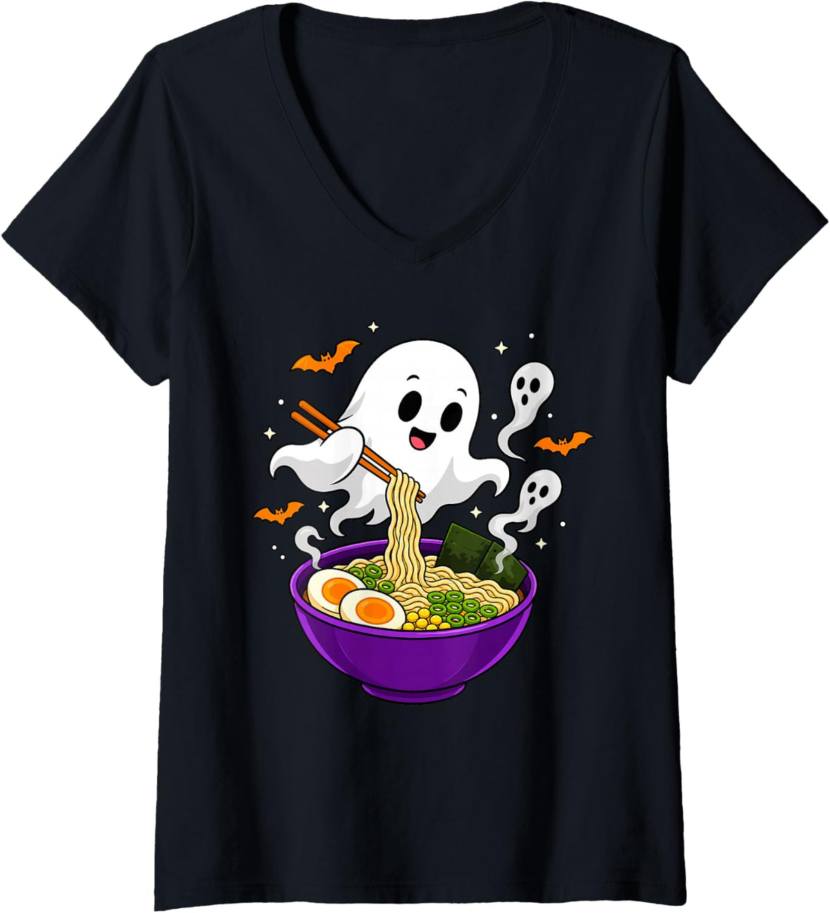 Women's Ghost Eating Ramen Halloween Kawaii Japanese Noodles V-Neck T-Shirt - Black