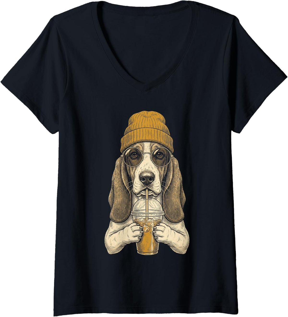Women's Basset Hound Drinking Iced Coffee Funny Hipster Glasses V-Neck T-Shirt - Black