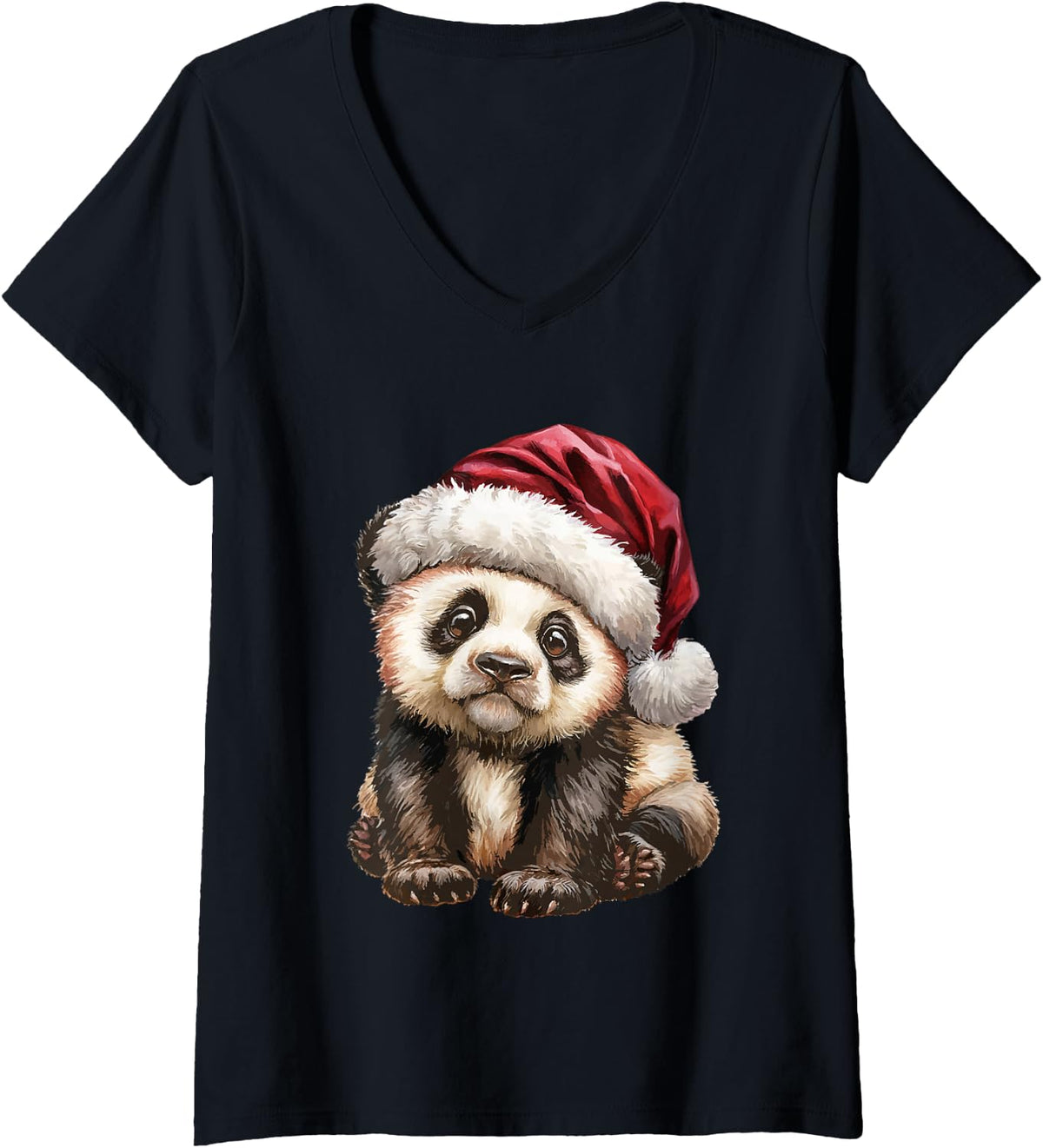 Women's Cute Christmas Panda Wearing Santa Hat Winter Animal Xmas V-Neck T-Shirt - Black