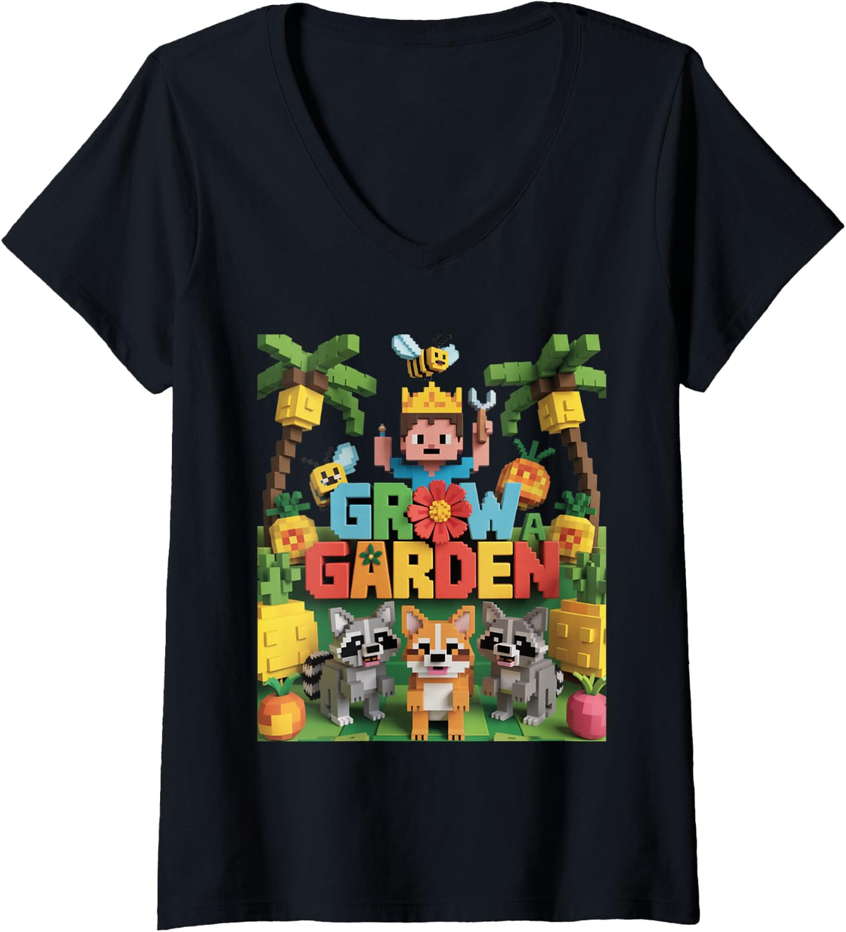 Women's Grow a Garden – Pixel Animal Farm Adventure V-Neck T-Shirt - Black