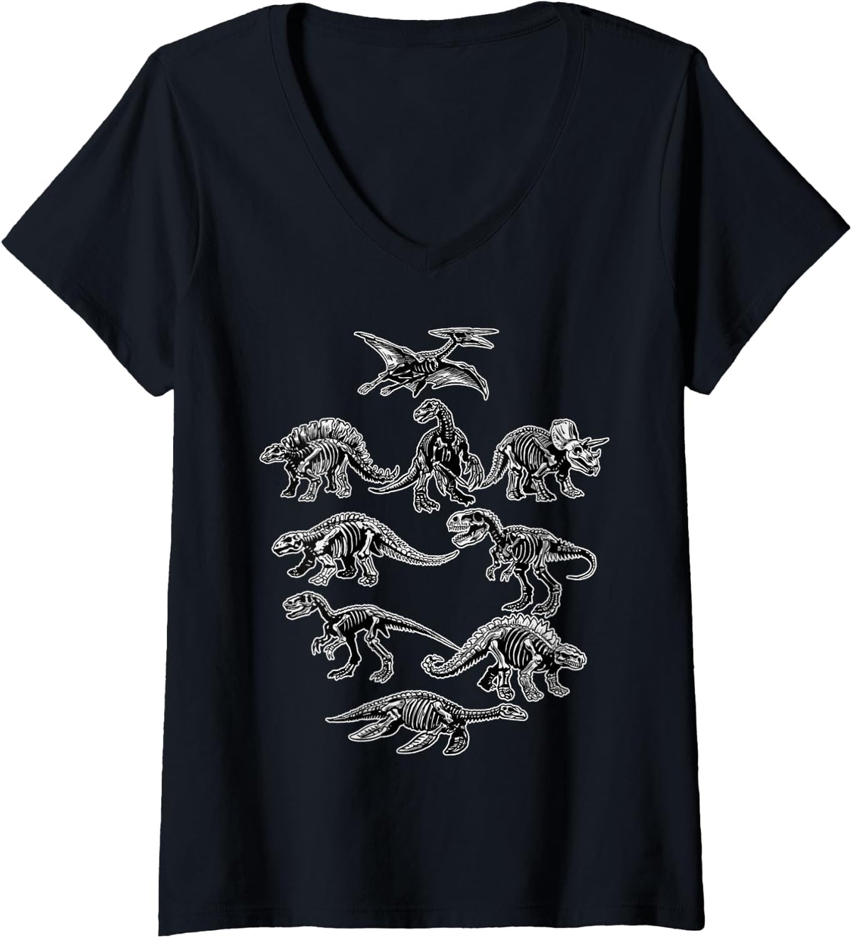Women's Dinosaur Skeleton Fossil Dino Bones Paleontology Prehistoric V-Neck T-Shirt - Black